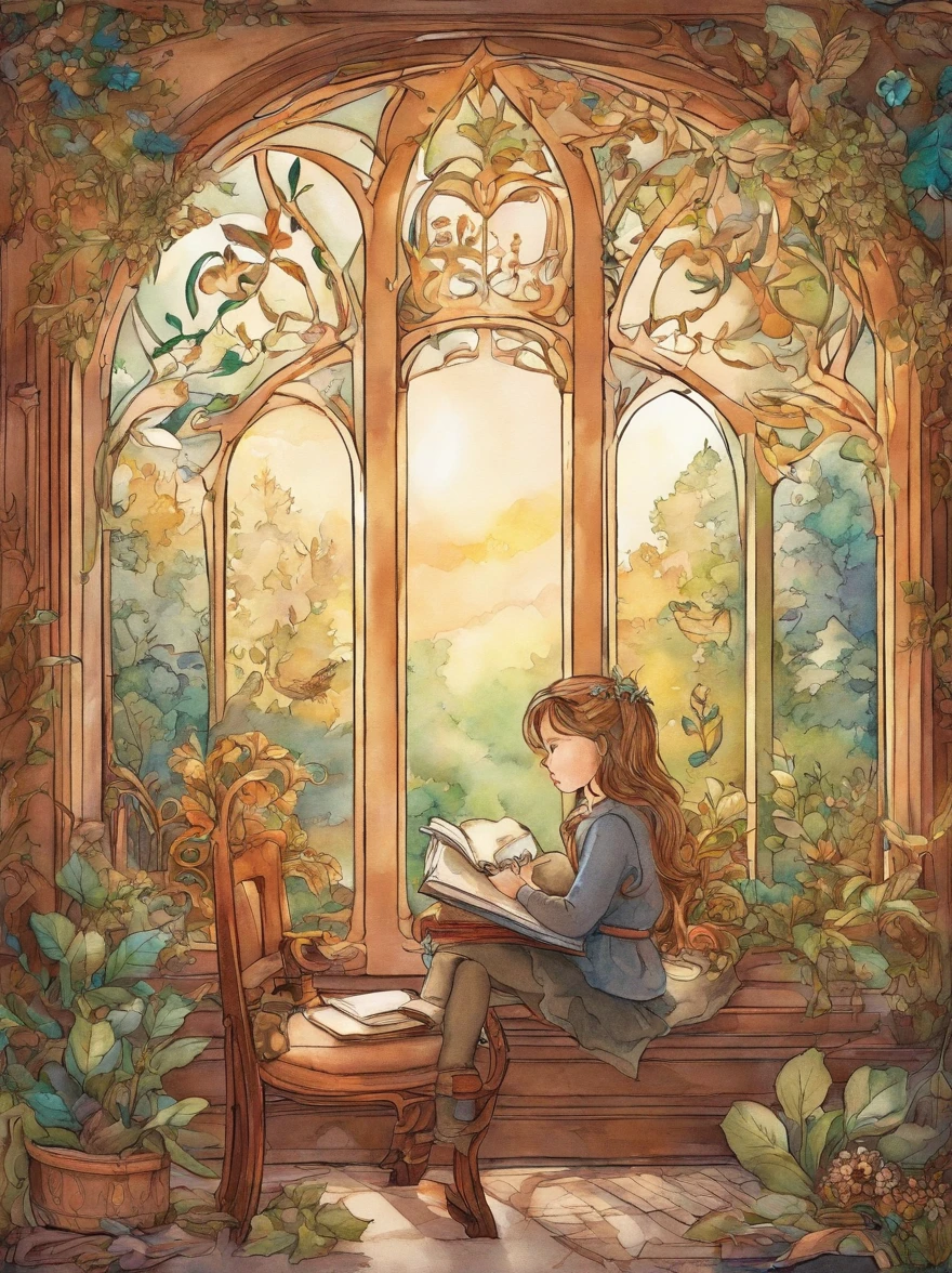 A 5-year-old ??? at school room, sitting in a chair lost in his thoughts, looking out beside a window, with books, behind the window a magical forest.
(material: watercolor sketch, crayon drawing)
(enchantingly detailed forest, intricate illustrations on the books)
(best quality, 4k, highres, masterpiece:1.2), ultra-detailed, (realistic, photorealistic, photo-realistic:1.37)
(fantastical, whimsical style, dreamy atmosphere)
(vibrant colors, warm color palette)
(natural sunlight seeping through the window, creating soft lighting)