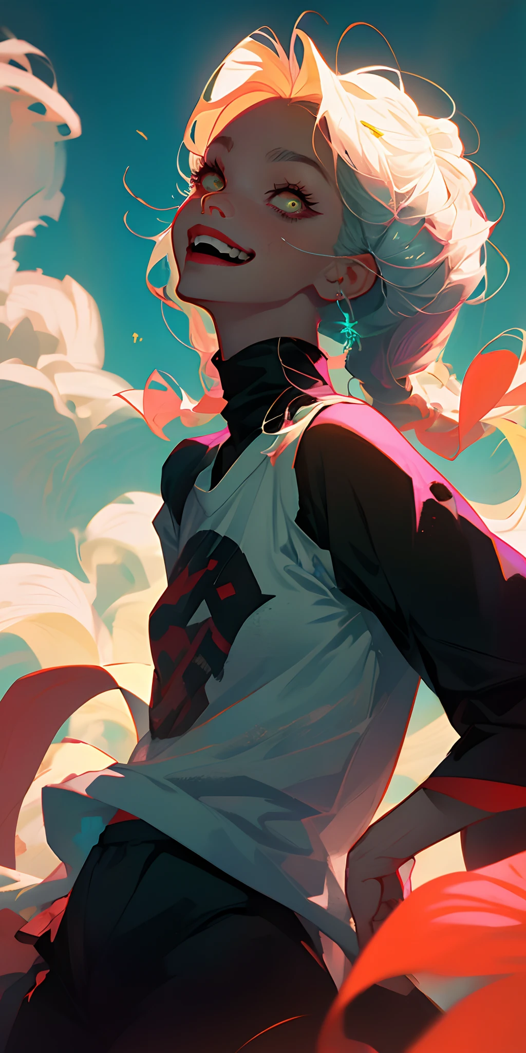 Estilo jujutsu Kaisen, garoto de cabelo loiro ,olhos cansados, Sadistic smile looking up at the sky, camiseta branca e blusa preta aberta.