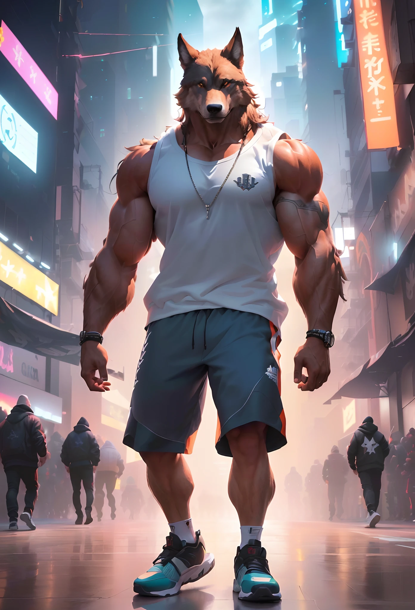 ((foto crua)), ((obra-prima)), Anthropomorphic humanoid wolf wearing (((roupas de streetwear da marca IRON RELIGION))), Put the Writing in the Spotlight, (((IRON RELIGION))) em sua camiseta, Walking furiously among people inside a huge bodybuilding gym of the future, detalhe intrincado, intricate Greebles pieces, city behind, corpo musculoso, (((large muscles))), muscular arms, (small head), Ogro monstruoso, Titan soft lighting, Hiper realista, soft-lighting, Ambiente sinistro