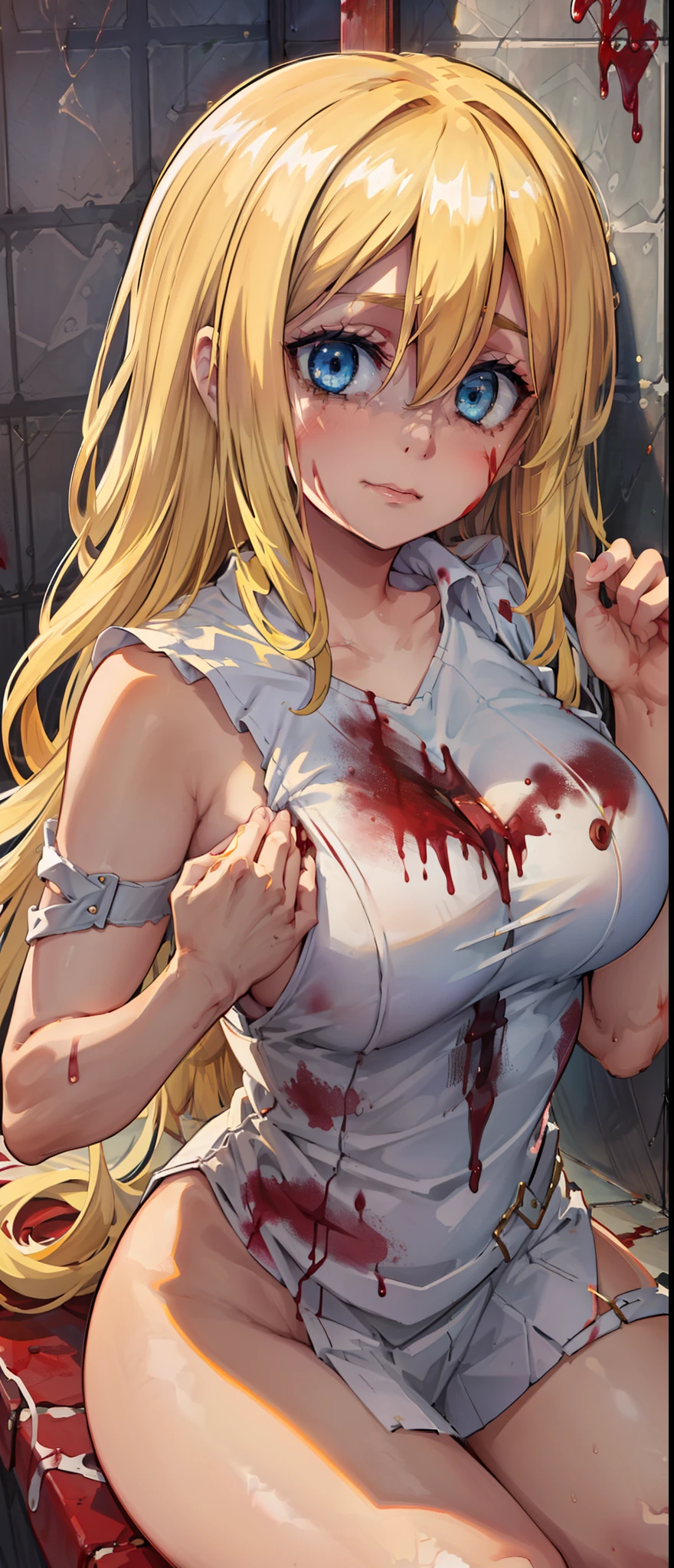 (day:1.7), Forest background,
sitting on the floor,sleeveless,((((the girl is a thug, blood on hands, blood on hair, dominant mistress, prison, doing something sadistic and savage)))), thighs,
blonde hair,blue eyes,bangs, Long_hair,(hair between eyes:1.3),
1 girl, 20yo,mature female,Beautiful Finger,Beautiful long legs,Beautiful body,Beautiful Nose,Beautiful character design, perfect eyes, perfect face,
looking at viewer, in the center of the image,focus on face,
NSFW,official art,extremely detailed CG unity 8k wallpaper, perfect lighting,Colorful, Bright_Front_face_Lighting,
(masterpiece:1.0),(best_quality:1.0), ultra high res,4K,ultra-detailed,
photography, 8K, HDR, highres, absurdres:1.2, Kodak portra 400, film grain, blurry background, bokeh:1.2, lens flare, (vibrant_color:1.2)
(Beautiful,Large_Breasts:1.2), (beautiful_face:1.5),(narrow_waist), scared expression