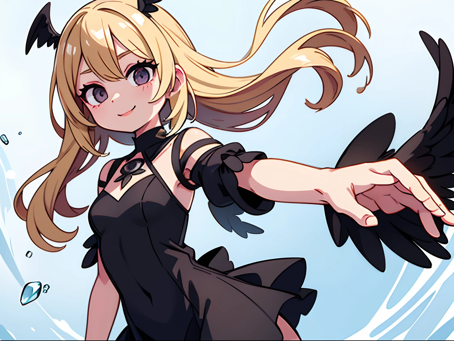 Blonde girl with black wings and black pearls in a white dress of crystal clear thin fabric,A smile、Reach out before you、Floating in the sky、 Shines