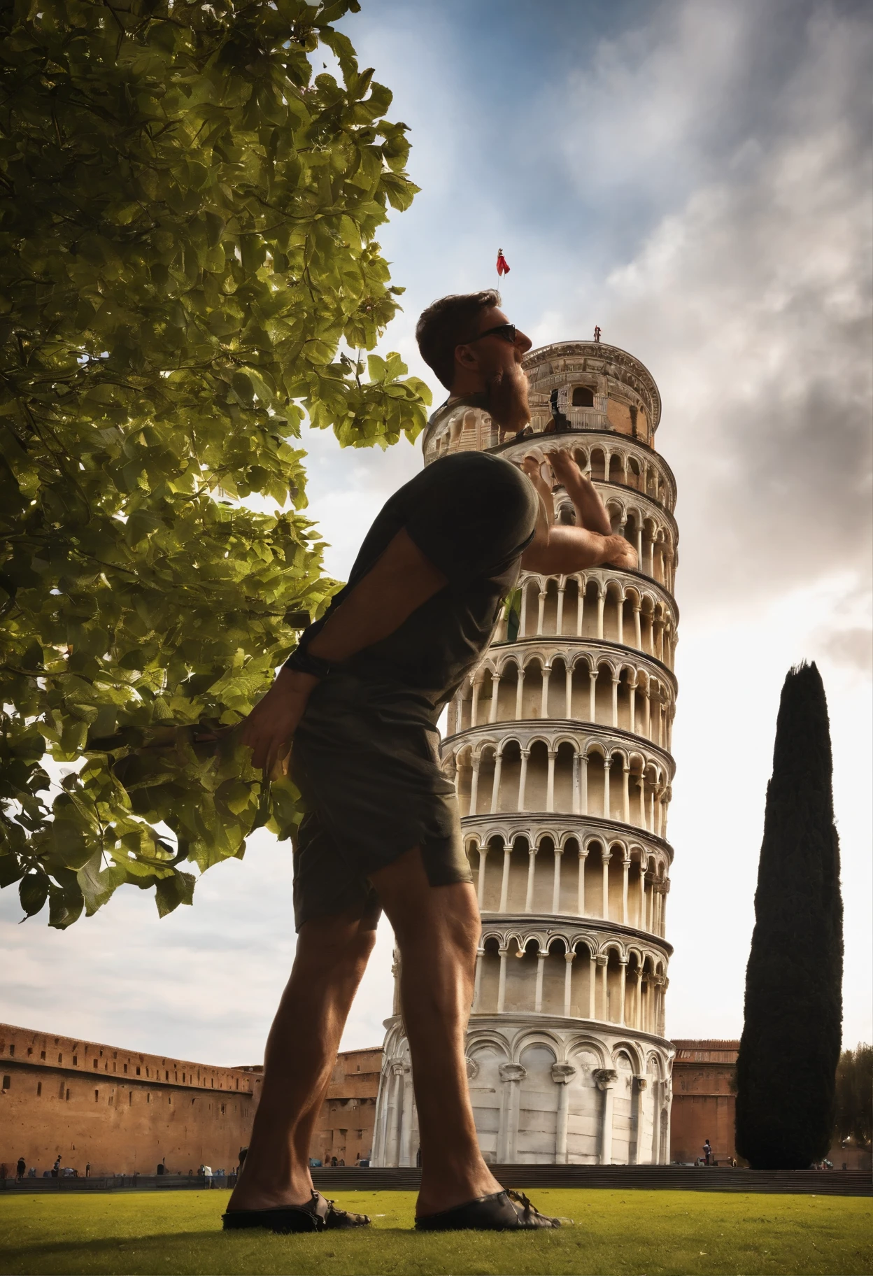A strong man holding the tower of Pisa by n
Don't fall, o homem tem de estar intervindo com a torre, Like I'd keep her upright so she wouldn't topple over, muito bom... Mas agora em formato de desenho animado