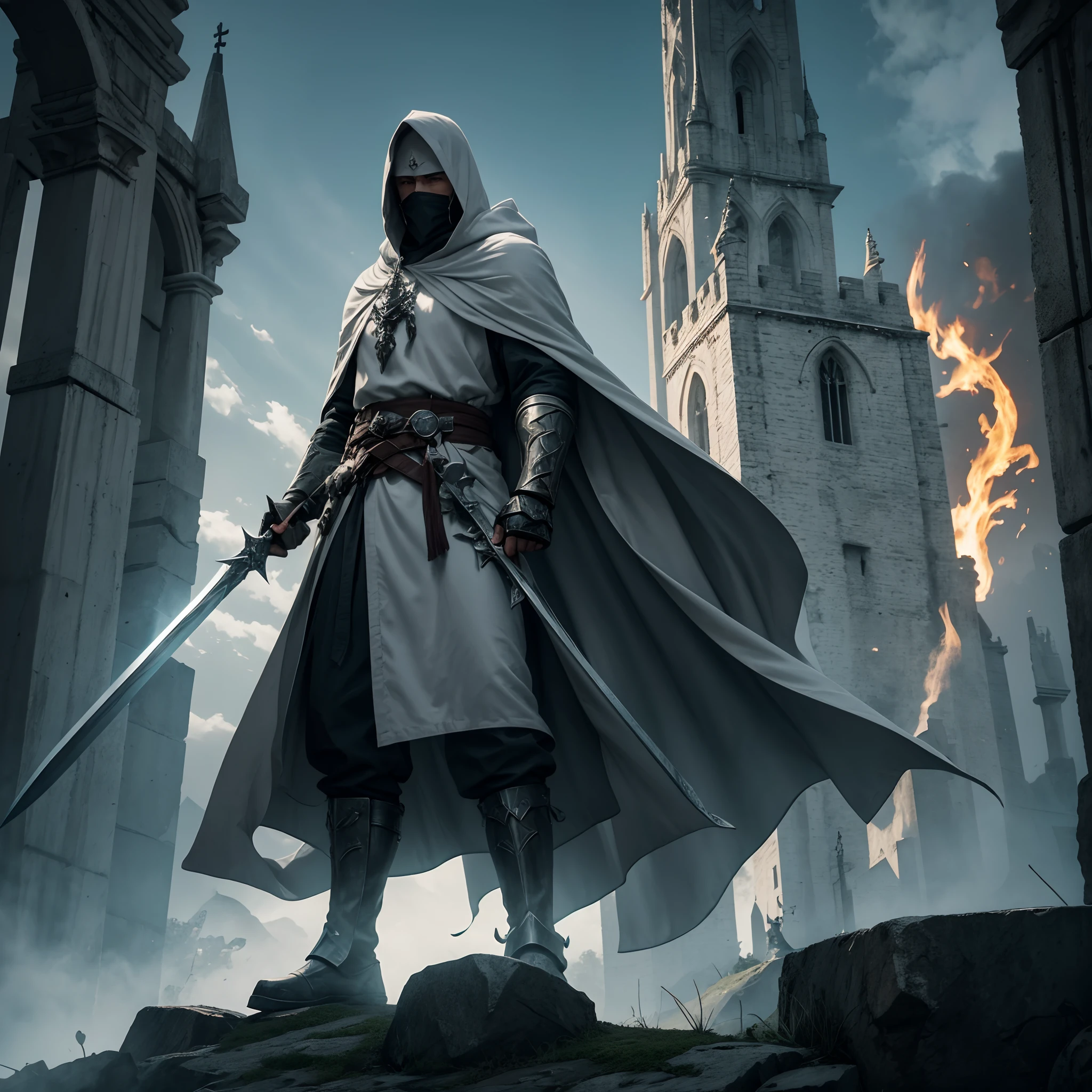 full body low angle shot of an intimidating male without armor maked warrior holy warrior with a large flowing light gray cloak with hood wearing a black and light gray clothes and wielding a two-handed greatsword burning with green flames standing on top of a castle tower on a bright day, man, ritualistic mask, long white cloak, shining white eyes, low angle, highly detailed, divine aspect, angels descemding from sky