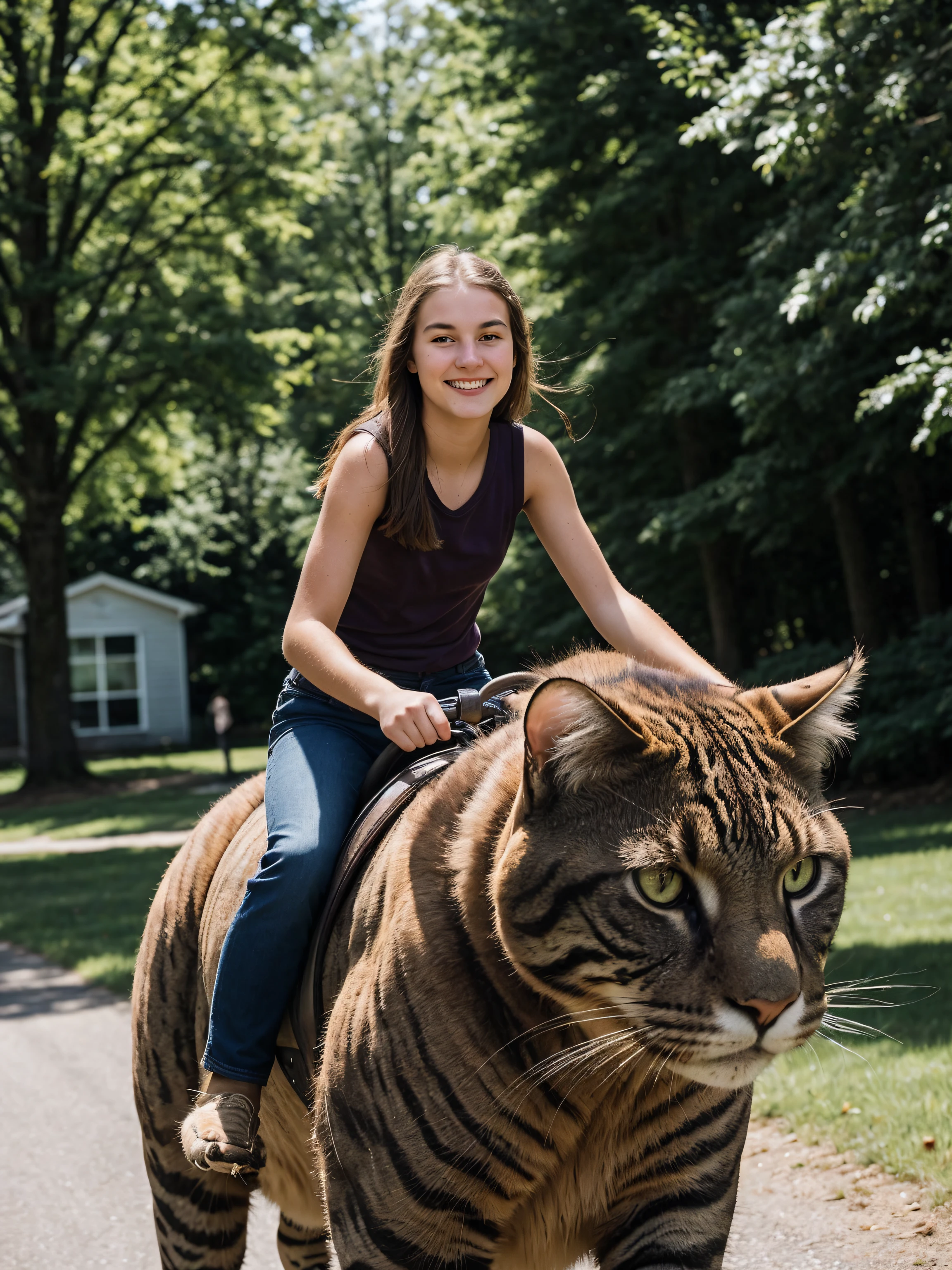 full body,photo of a 18 year old girl,happy,riding a oversized cat,running toward to viewer,Detailed Skin Textures,detailed skin pores,ray tracing,detail shadow,shot on Fujifilm X-T4,14mm f1.4,sharp focus,depth of field,blurry background,bokeh,lens flare,motion blur,