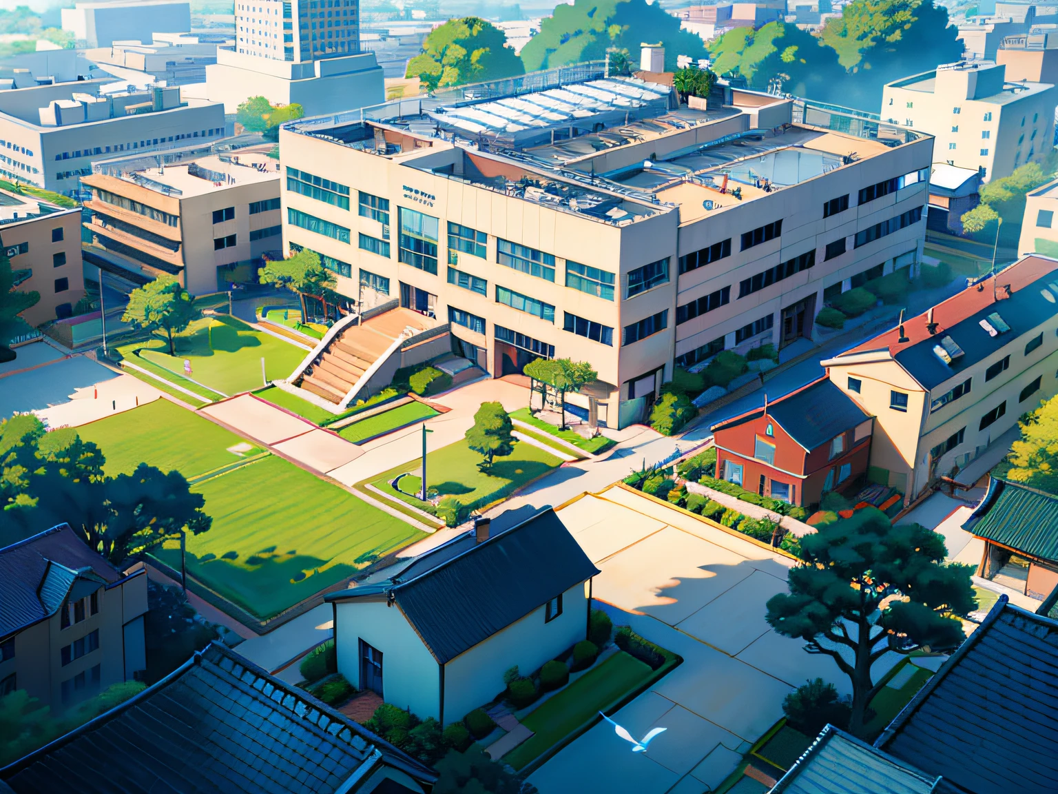 Aerial view of the school building with a football field in the middle, full building, private school, top - view, Japan High School, old school, photo taken from above, school courtyard, schools, American schools, aerial view from above, viewed from bird's-eye, school, ariel view, view from high, [ down view ]!!, aerial shot