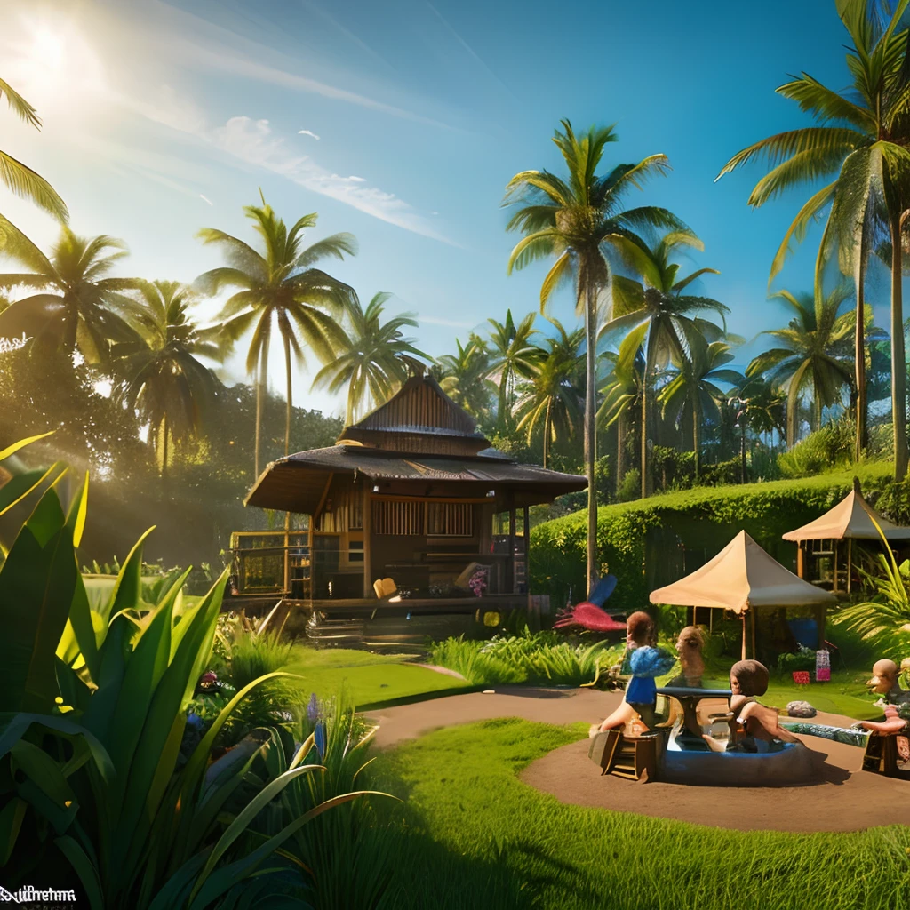 Children play ground area view in Glamping camping ground hosted in shipping containers in the lush paradise of Bali rice field with near water features and plants everywhere, extreme plus resolution fantasy concept art, intricate details to everything visible, sharp lighting, dramatic light by denis villeneuve, strong emphasis on alphonse mucha, makoto shinkai