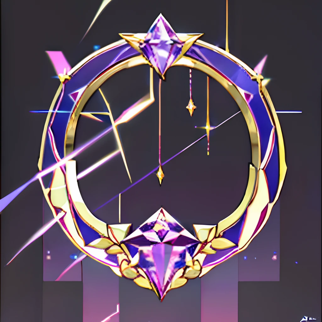 Purple and gold badge，There is a diamond at the top, emblem of wisdom, infinite crystal ascent, art deco outrun anime aesthestic, heartstone original art style, emblem, Polygon Art Style 1993, kda, Hyperprism, dazzling gem in the hilt, arcane art style, heartstone, crystal ruff, fantasy game spell symbol