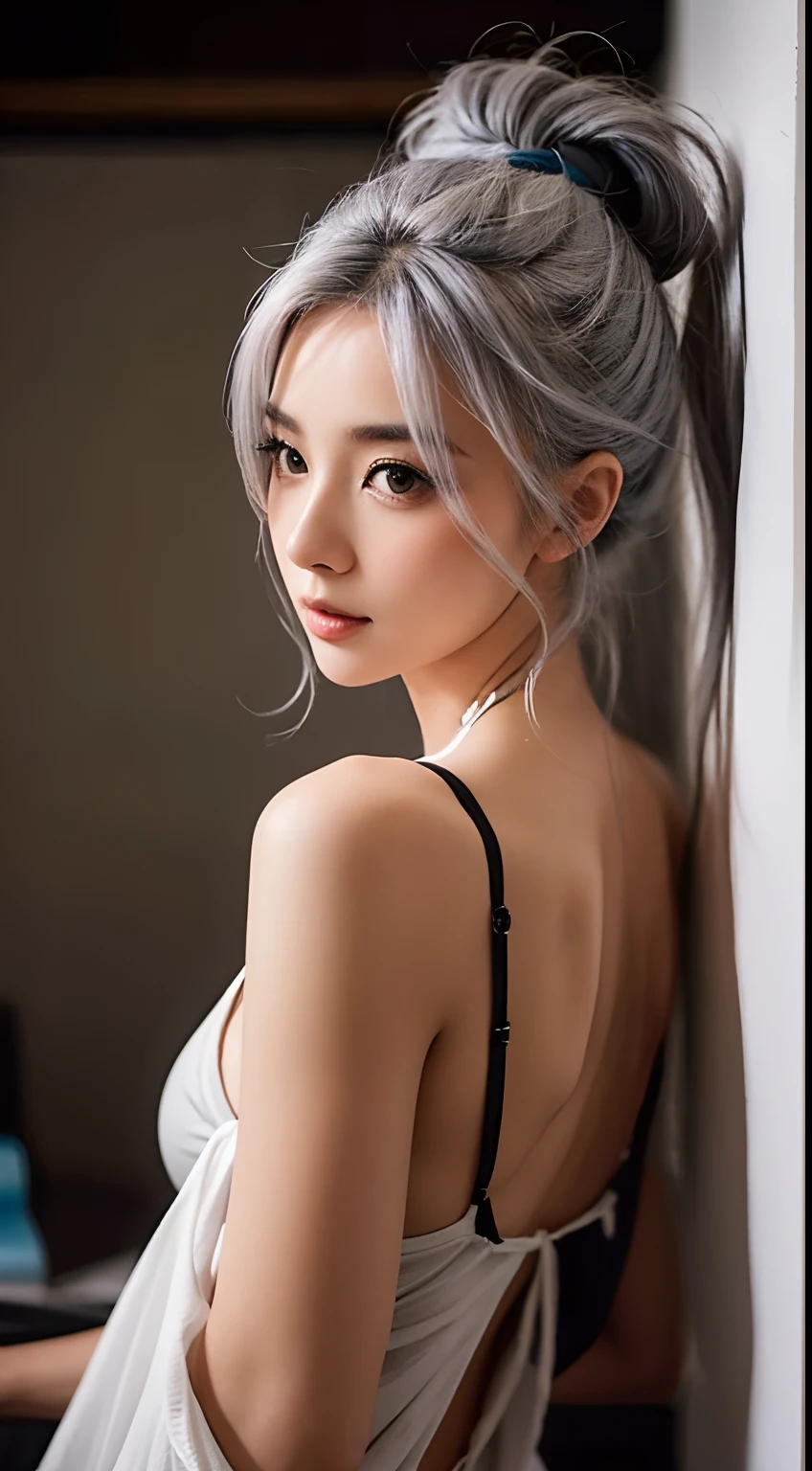 A sexy beautiful student girl,, big breasts, grey hair colours, hair tied up flower, long hair, black tank top, mini panties, ass