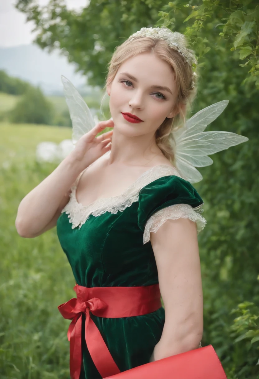 A very beautiful young fairy, blonde hair tied up with a red ribbon, green eyes, rosy cheeks, white wings, red knee-length dress, green plant-made shoes, floating above the ground slightly, carrying a brown satchel made for travel, happy expression, landscape around her is green grass and a beautiful blue clear sky.