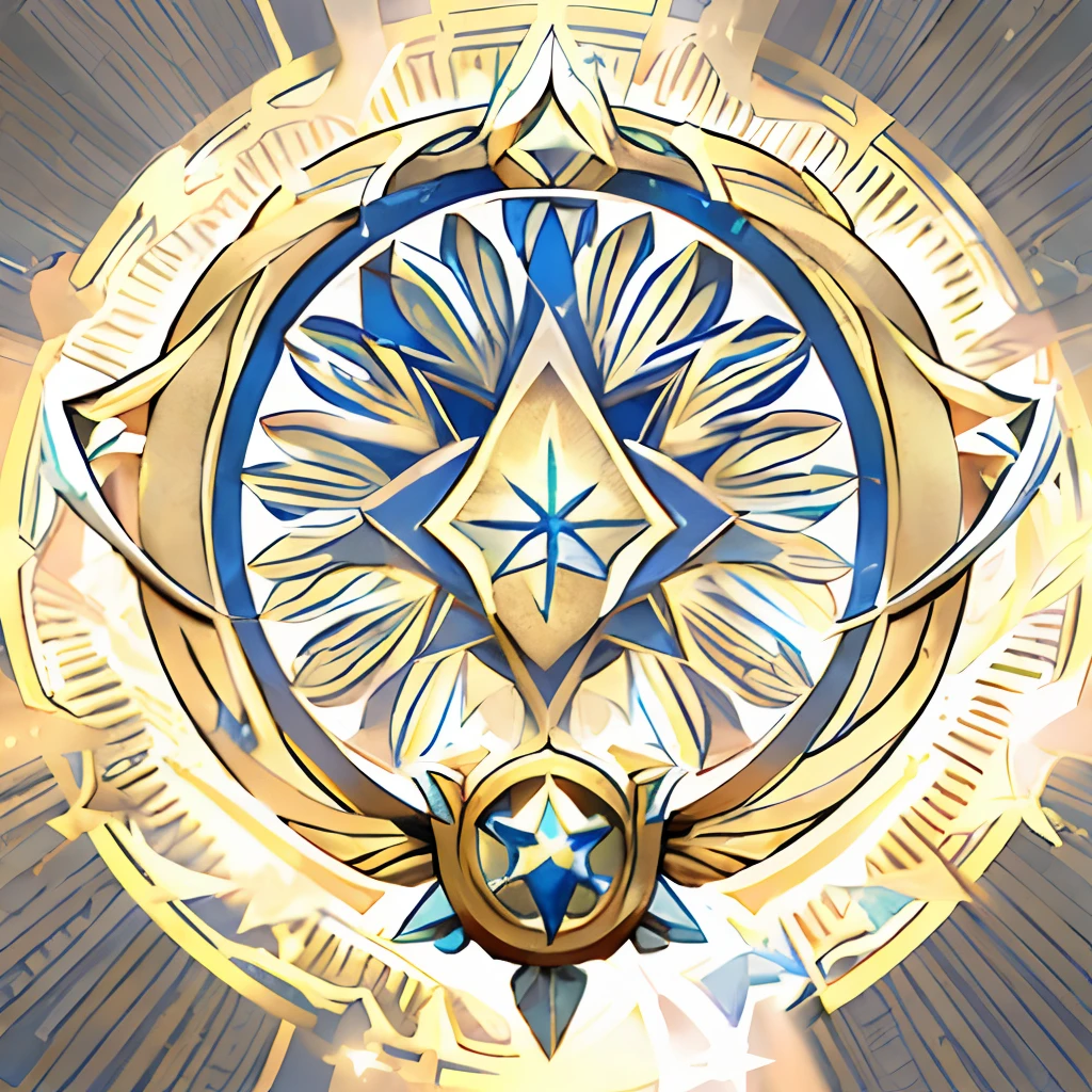 Gold and blue badge，There is a star at the top, emblem of wisdom, sojourn from overwatch, medal, symetry!! concept-art, symmetry feature, Avatar image, imperial symbol, shield emblem, protoss temple!!!, ancient symbol behind it, background art deco palace, emblem, symmetrical portrait rpg avatar, inspired art deco, symmetrical details, shield design