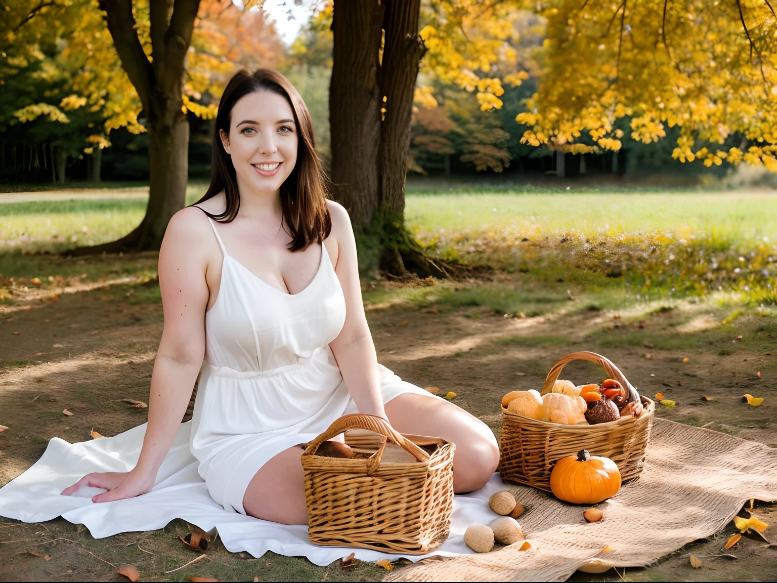 hyper-realistic photo of Angela White, 25 years old (wearing a short, loose white dress) (silky hair, loose hair) (friendly smile) (skin texture), picnic, picnic basket, bottle, nature, outdoors, trees, grass, bushes, sunny autumn day, autumn colors, analog quality, best shadow, film grain, soft shadows, high contrast, raw, instagram lut