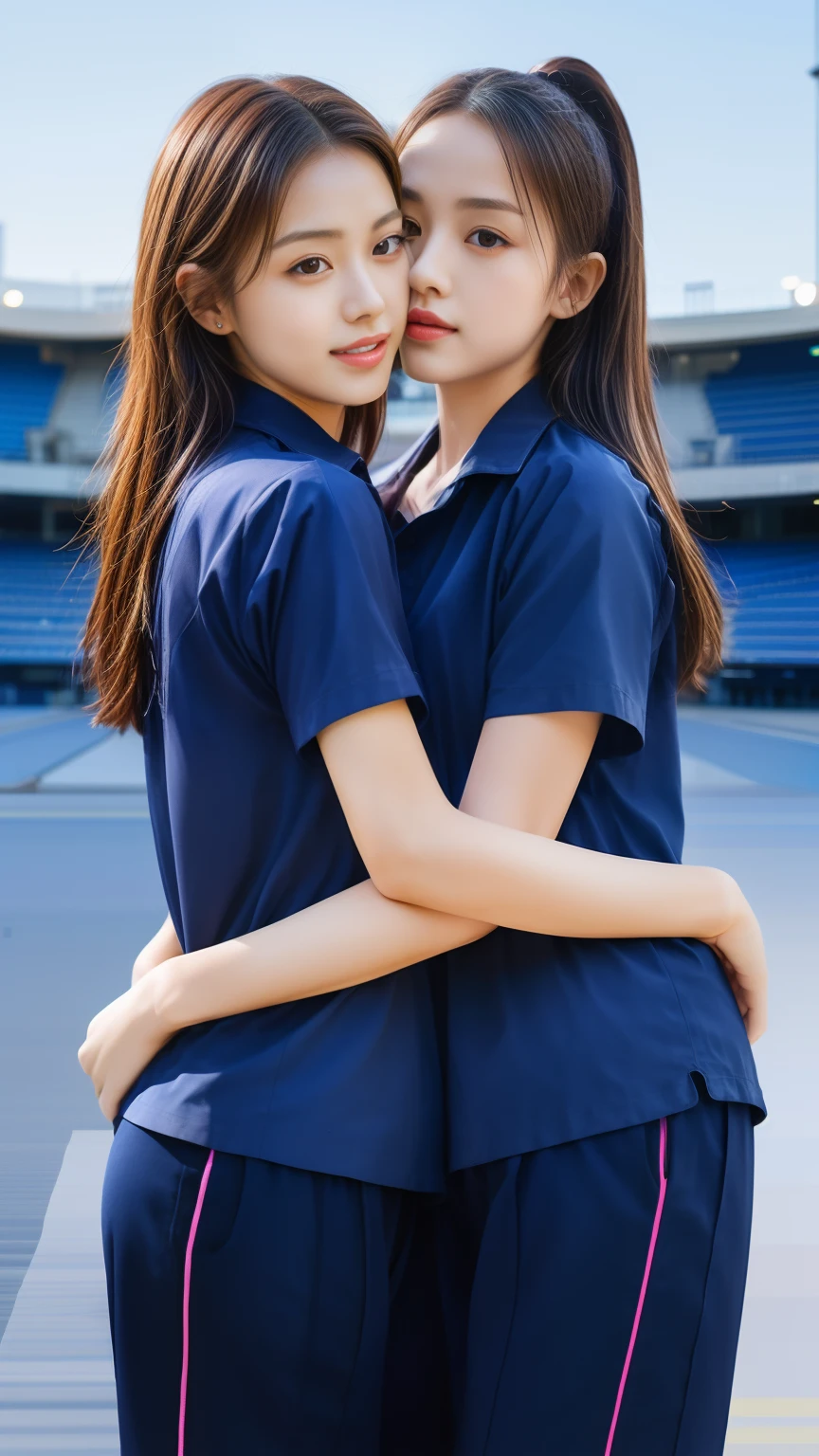 (bestquality,10,10,highres,masterpiece:1.2),ultra-detail,(Realistic,photorealistic portrait,photo-realistic:1.37),1 Cute girl in the football field,oily shiny skin,bara,light smile,BDclothes,((blue shirt:1.3)),short sleeves,shirt, trousers.,(navy_long_Pants Track:1.1), ((Stadium Background:1.3)),dynamic angle,excited,face focus,Dynamic Poses,from behide,Ass Focus,masterpiece, bestquality, ultra realistic, hyper-detail, 8k resolution, RAW photo, crisp focus, ((Navy blue shirt:1.1)), short sleeves, Long Path, Perfect body, 2 mature women, 18yo, cinematic light,Blue sweatpants,Gymware,Correct anatomy,Complete body, Correct body, sharp face, Anatomically correct body, full entire body, Realistic gestures, long-haired, Realistic poses,Wear long shorts......,Long leg span,Shapely,Sculpting Girl, 2 girls kissing each other, Realistic kiss, Slender Figure, mannequin mannequins, Shapely, Beautiful body