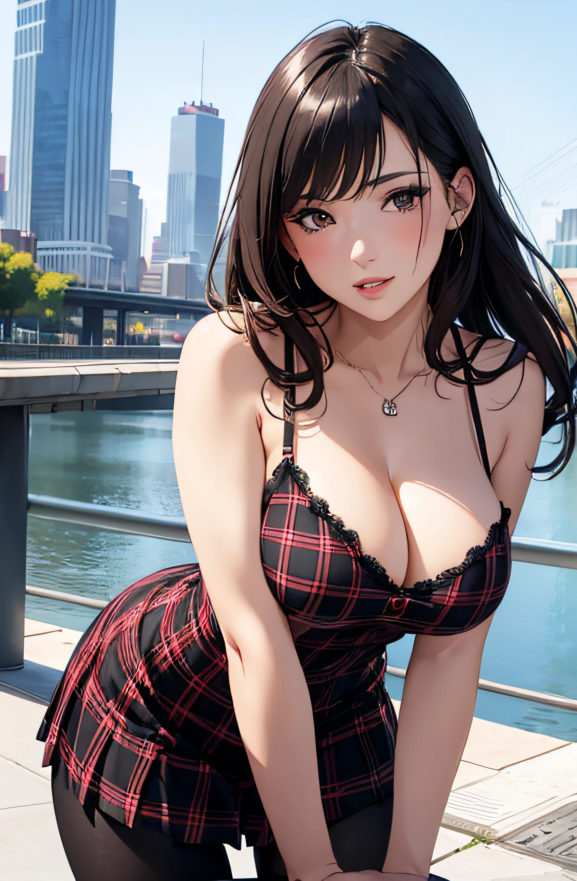 girl in summer clothes, tight plaid dress, black pantyhose or long stockings, making as if she wants to kiss you, view from viewer, medium breasts, cleavage, cityscape, flirtatious look, ((very detailed)), (perfectly detailed face), (well detailed hand) photorealistic image.