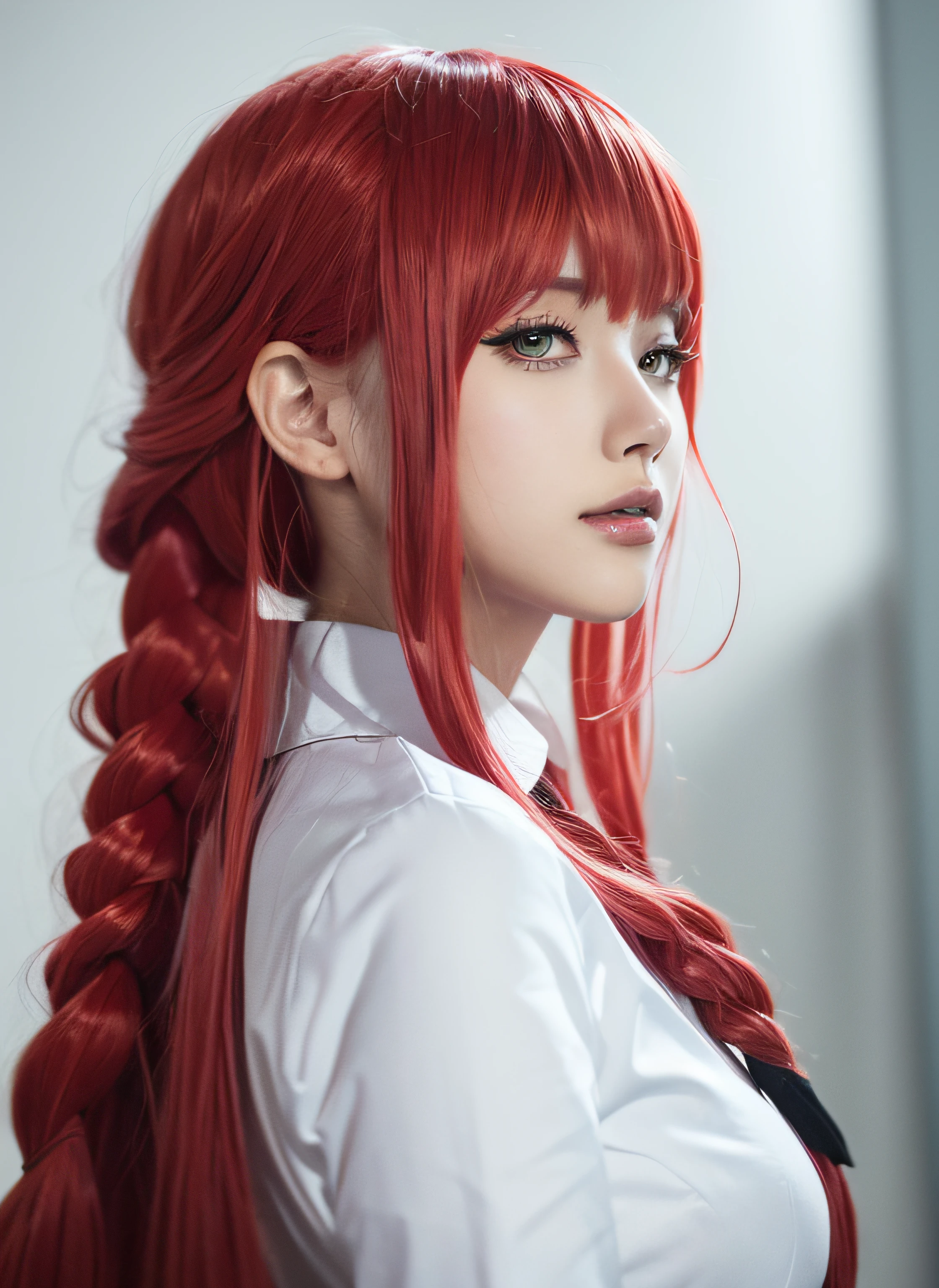 best quality ,masterpiece, illustration, an extremely delicate and beautiful, extremely detailed ,CG ,unity ,8k wallpaper, Amazing, finely detail, masterpiece, best quality, official art, extremely detailed CG unity 8k wallpaper, huge filesize , ultra-detailed, highres, extremely detailed, beautiful detailed girl, extremely detailed eyes and face, beautiful detailed eyes, light on face, 1girl, (22yo:1.2), glaring, serious, from behind, outdoors, (upper body:1.4), detailed sky, night, see-through, best quality, (arms at sides:1.2), smile, braid, braided ponytail, long hair, makima, black necktie, red hair, yellow eyes, white shirt, (((full body, modeling in a runway)))