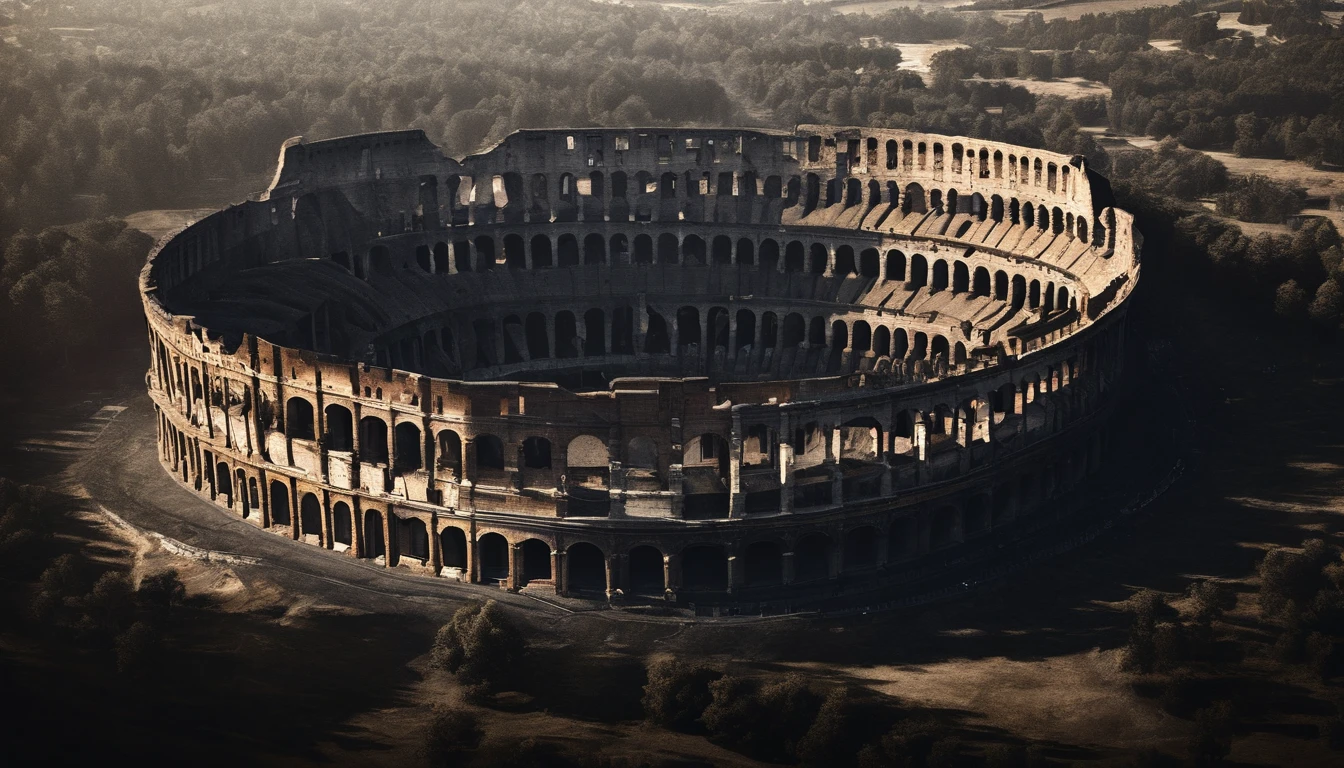 : An aerial view of the majestic Roman Colosseum bathed in sunlight.