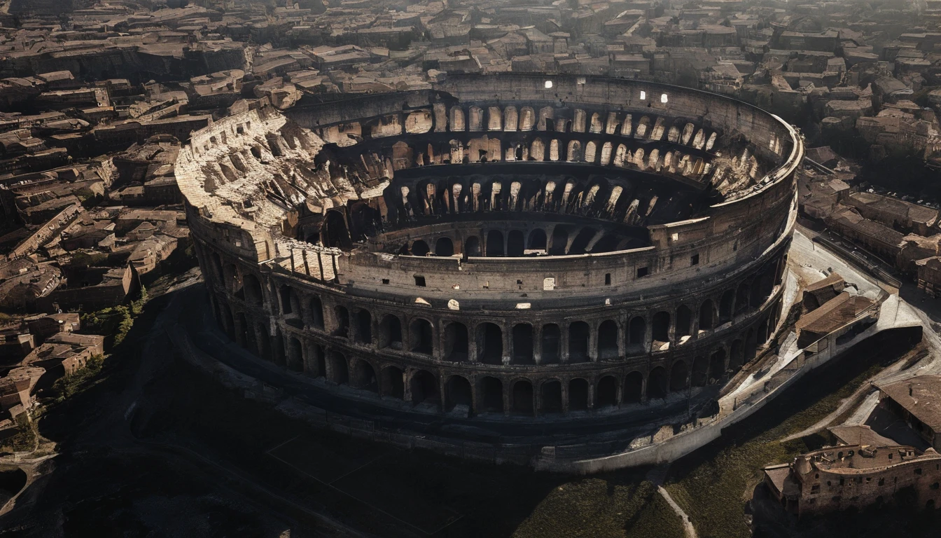 : An aerial view of the majestic Roman Colosseum bathed in sunlight.