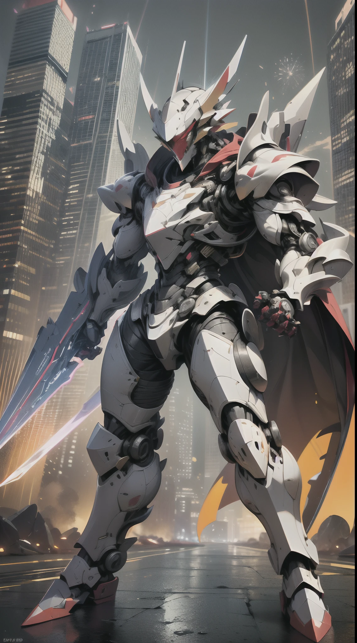 (best quality,4k,highres,masterpiece:1.2), ultra-detailed, HDR, vivid colors, bokeh, (bright white sleek exosuit, knight helm:1.1),(gold draconic armor accents:1.1), (dark red cape), proper anatomy of a man, facing straight at camera, full body shot, (colorful fierce city battle background), explosions, laser sword arm, jet boosters