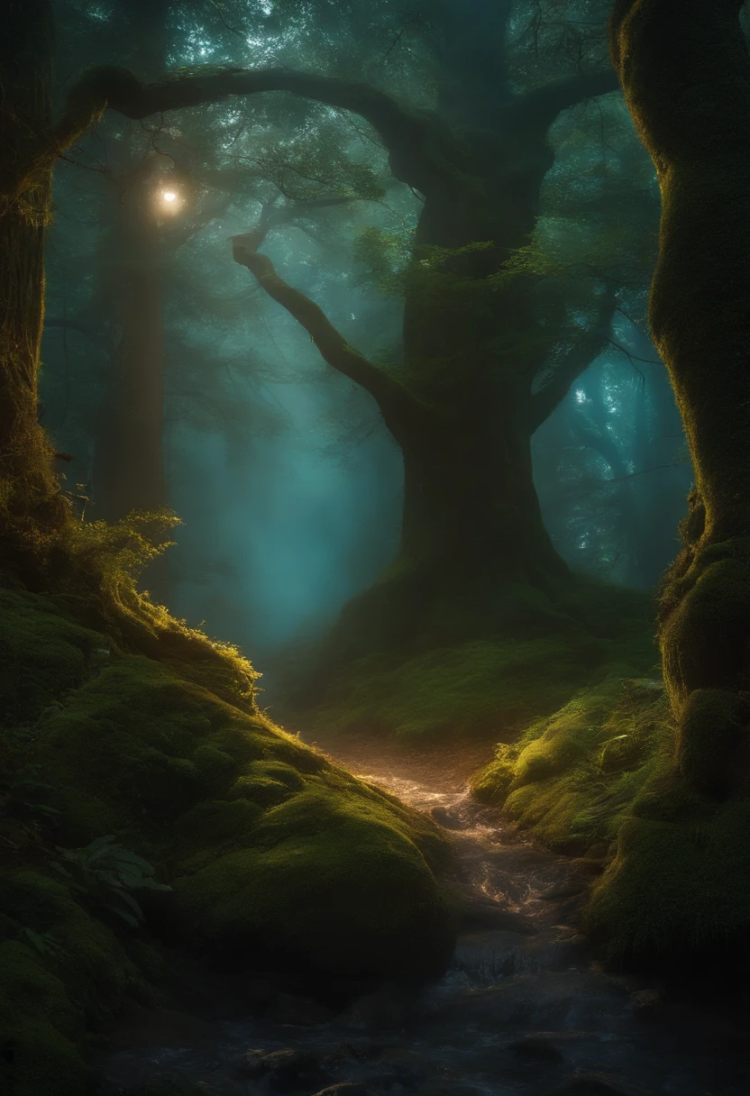 A mystical journey through an ancient forest, where young character meets a wise old man and learn valuable life lessons. iluminador, transformative and magical, encantador, ethereal. outro mundo. misterioso, espiritual e comovente. create an atmosphere of mystery and spiritual depth. profundo, thought-provoking and philosophical, Valuable life lessons learned