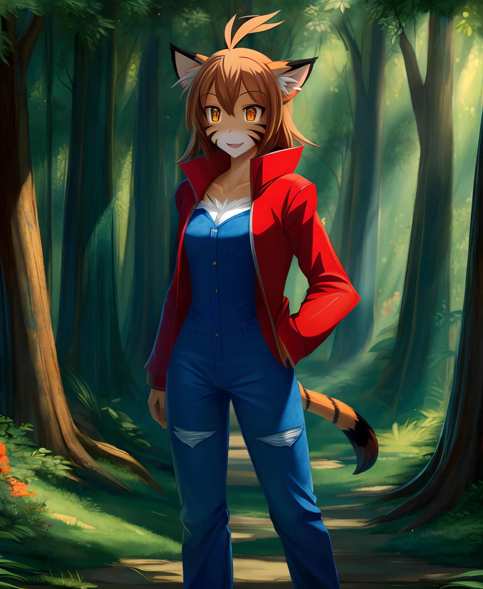 tiger girl,female furry,animal ears,brown hair,antenna hair,ahoge,animal nose,:3,detailed big yellow eyes,slit pupils,multicolored fur,white fur,orange fur, adult woman,slim,1girl,solo,good mouth, Standing upright,fantasy forest,(red jacket:1.3),(blue jeans:1.3),full body, (anime:1.4),(masterpiece:1.4),highly detailed,good artist,digital art,