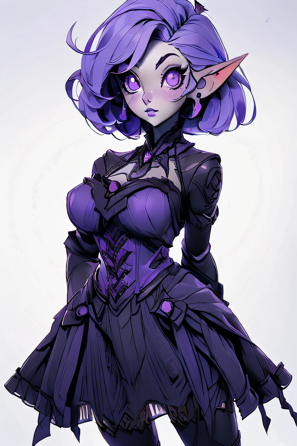 (masterpiece, best quality, expressive eyes, perfect face),1 girl, short girl, big head, gnome, gray skin, pointed ears, short hair, purple hair, purple eyes, large breasts, dark ta dress, full body, no background