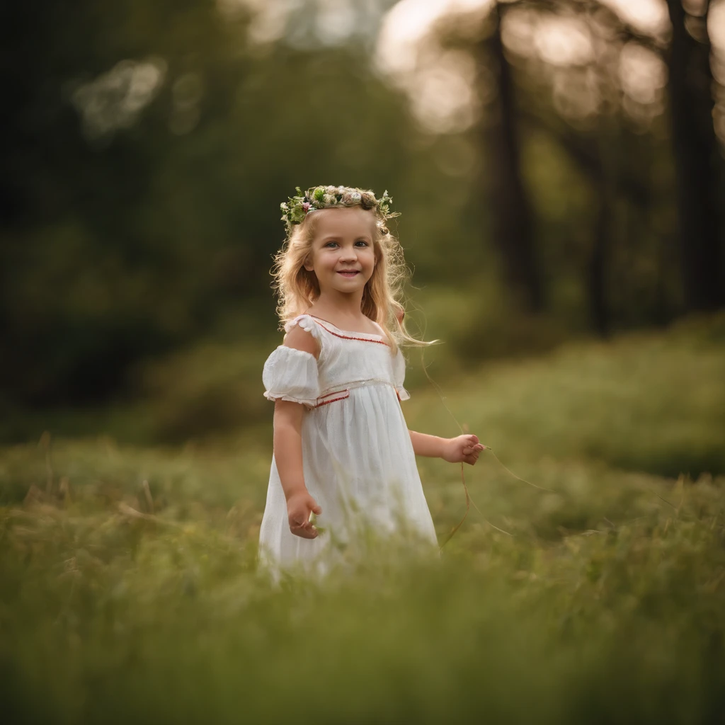 A very beautiful young fairy, blonde hair tied up with a red ribbon, green eyes, rosy cheeks, white wings, red knee-length dress, green plant-made shoes, floating above the ground slightly, carrying a brown satchel made for travel, happy expression, landscape around her is green grass and a beautiful blue clear sky.