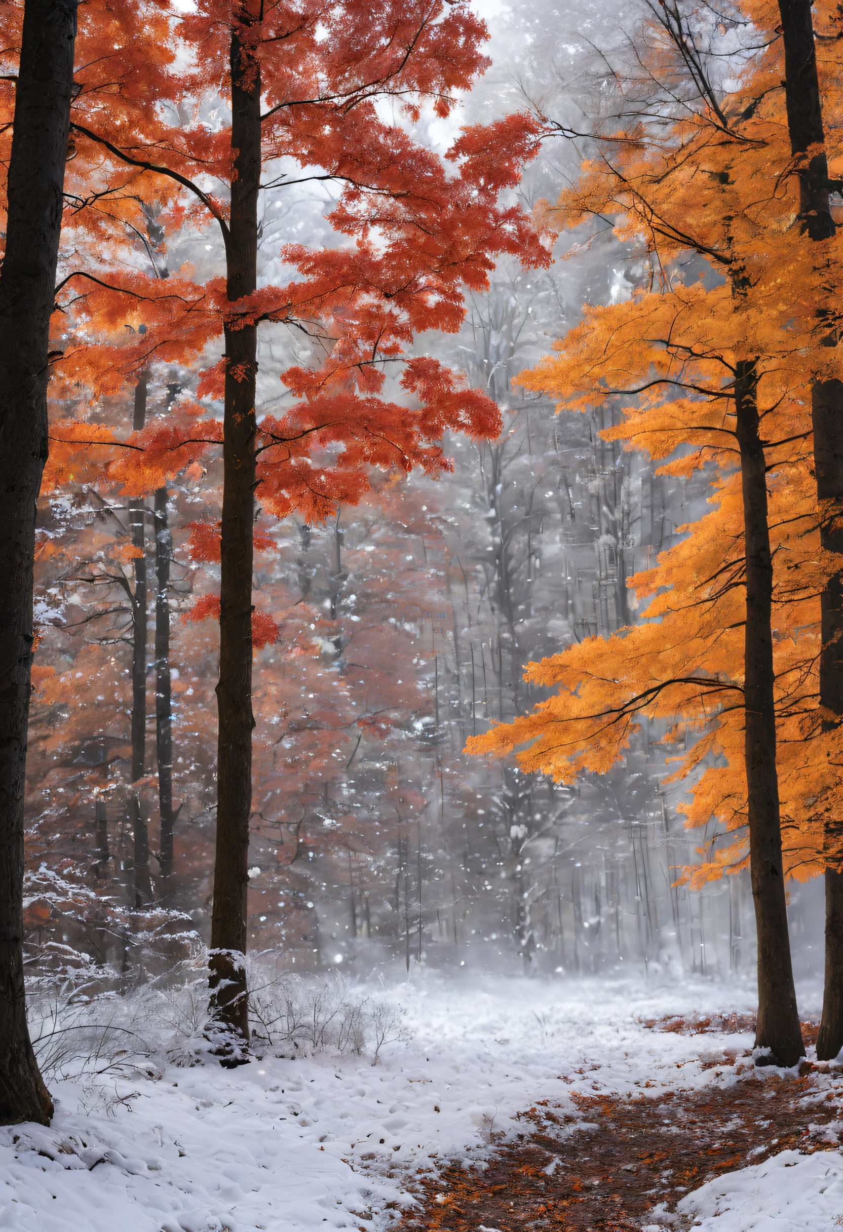 Live Action,very real,crystal-clear,the woods,Colored leaves,Snowflake,snow blowing