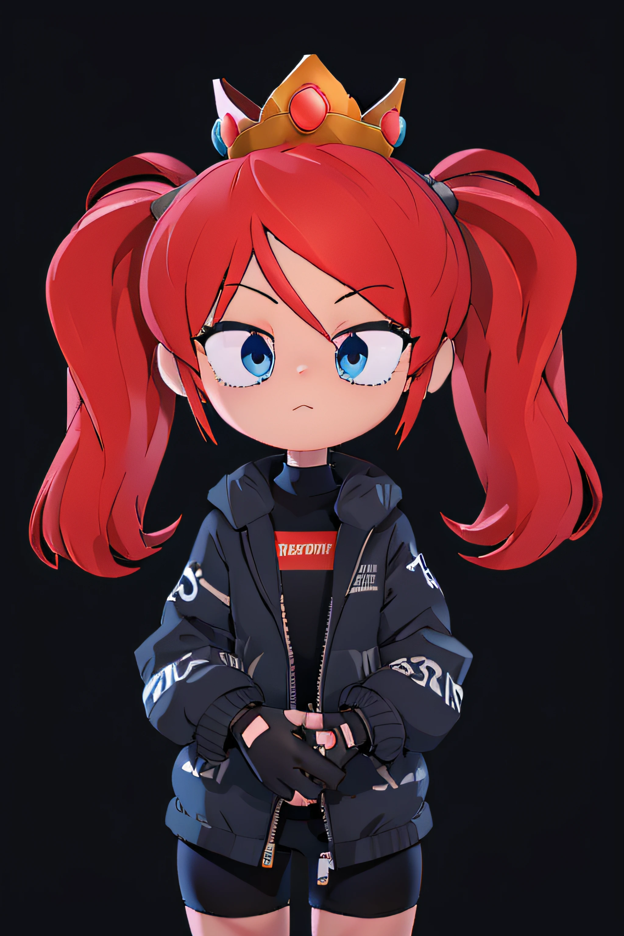 blue eyes, gloves, twintails, red hair, fingerless gloves, black compression shorts, pensketch_style, crown, ink sketch, (dark background:1.2), looking at viewer, face, detailed face, without expressions, front view, dripjacket, own hands together, centered