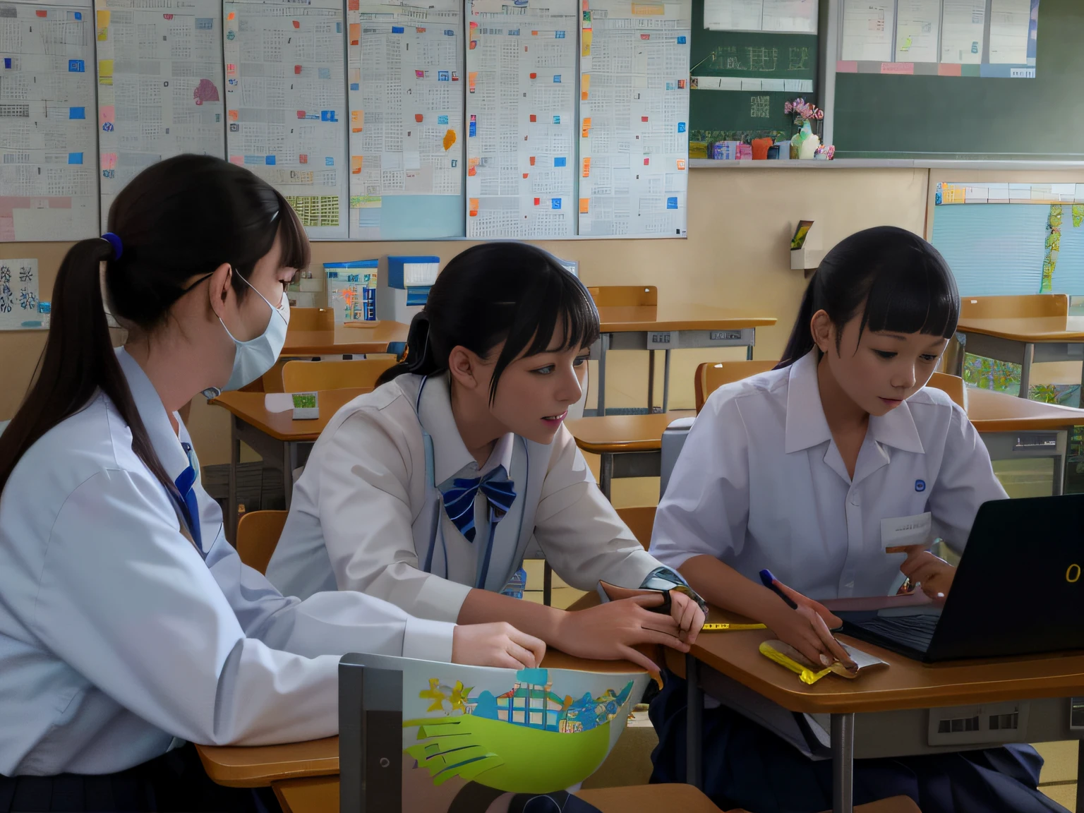 Three girls in uniform are using laptops, japanese high school, wearing japanese school uniform, Facial restoration, Pupils, Bottom Angle, In the classroom of the school, in class room, typical anime classroom, school class, laugh, a smile, sitting in classroom,a beauty girl, Japan school uniform、animesque、Ghibli style、Facial correction
