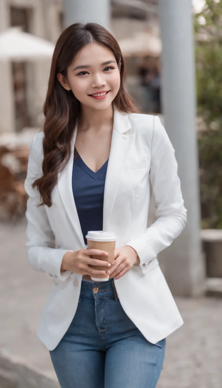 Photoshoot, college, parking lot, blue shirt, white blazer, blue jeans long pants, lean back on a wall, zipping a cup of coffee while standing, smile enjoying coffee, 19 year old college girl, cute girl, beautiful girl, indonesian model, white healthy skin, delicate eyes,  earrings, flower tiara, full body photo, realistic hands, realistic fingers, detailed hands, detailed fingers, (sexy body:1.2), (slim waist:1.2),