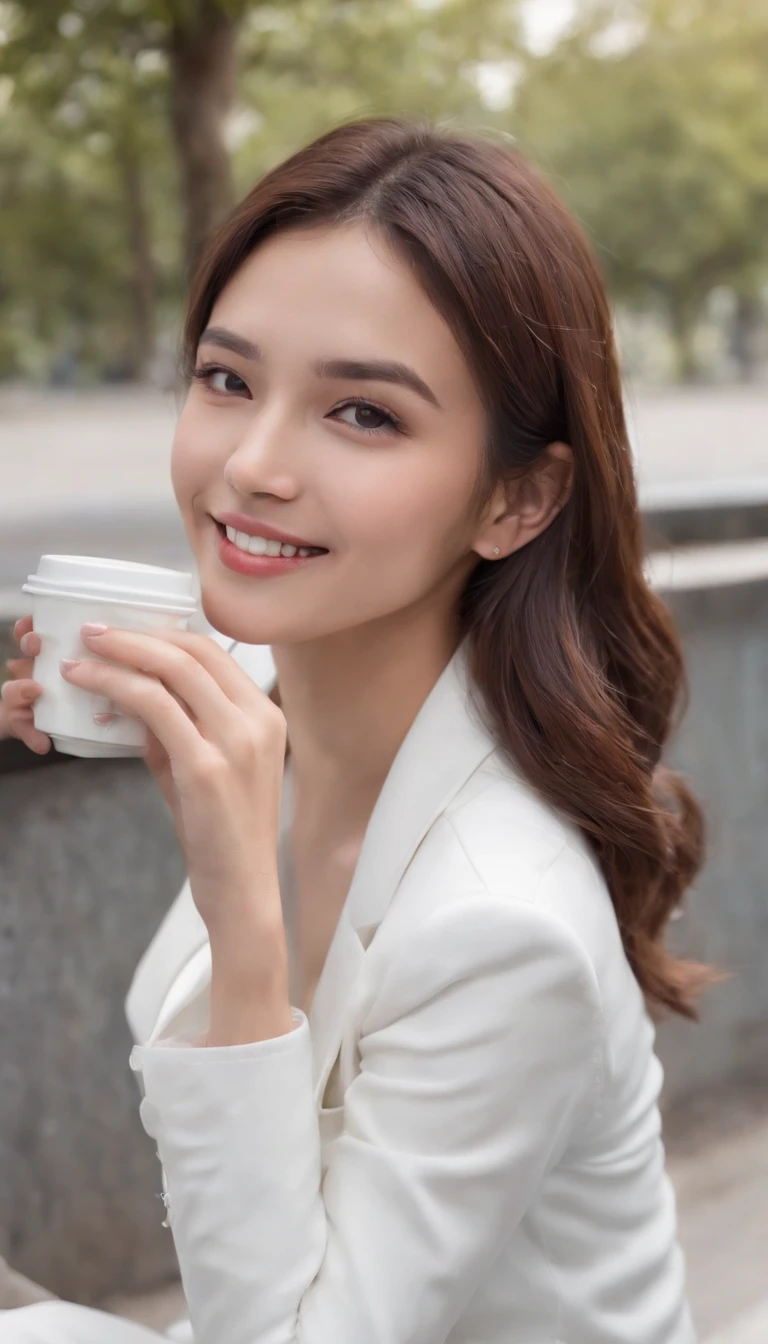 Photoshoot, college, parking lot, blue shirt, white blazer, blue jeans long pants, lean back on a wall, zipping a cup of coffee while standing, smile enjoying coffee, 19 year old college girl, cute girl, beautiful girl, indonesian model, white healthy skin, delicate eyes,  earrings, flower tiara, full body photo, realistic hands, realistic fingers, detailed hands, detailed fingers, (sexy body:1.2), (slim waist:1.2),