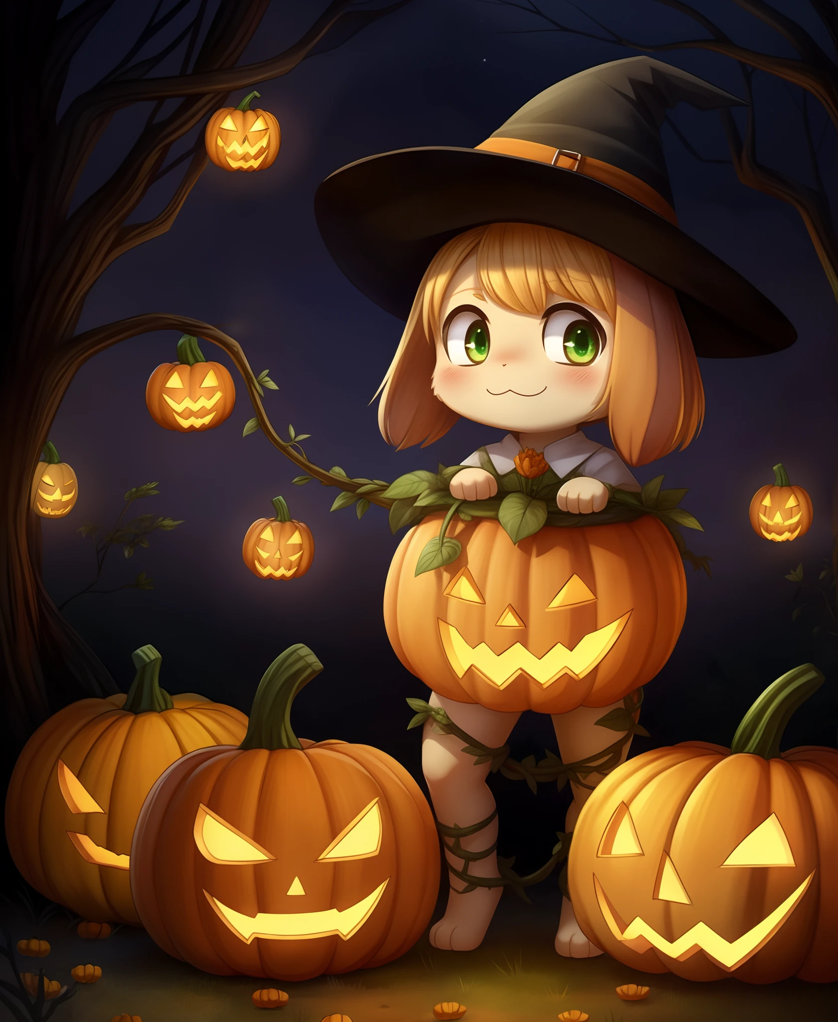 a cute fuzzy emerald dragon dog, witch made of vines, pumpkins, and dandelions, hiding in a spooky pumpkin patch on halloween night, Halloween, chibi, cartoon, cutedragon,urara_shiraishi,Jack o 'Lantern
