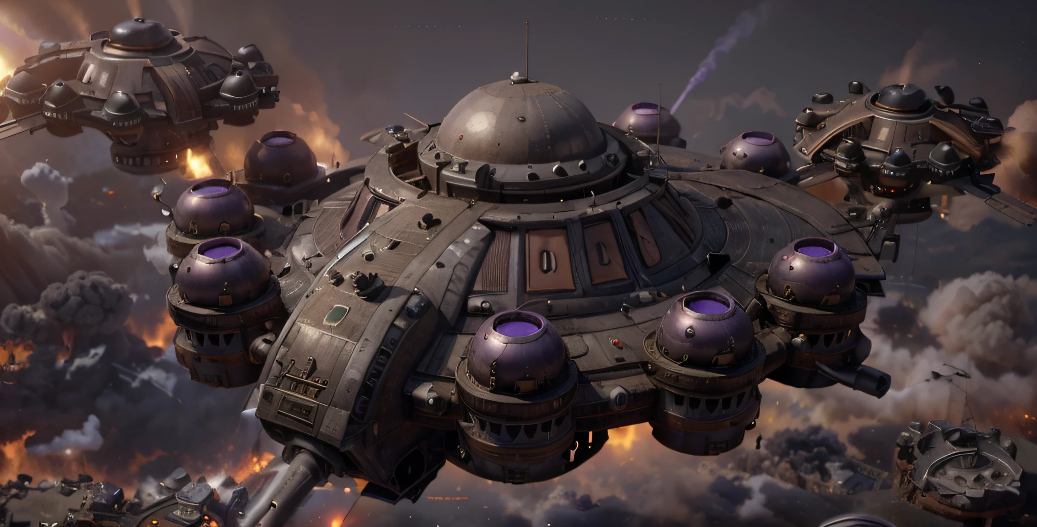dieselpunk style flying saucer with gray cannons with purple details, flying over a burning city in low light, sunset, fire, smoke, ultra realistic, Ultra detailed, Hyper realistic, 4k, Ultra detailed image, realistic, Highly detailed, perfect composition, beautiful intricately detailed incredibly detailed, 8K fine art photography, hyper detailed, Masterpiece