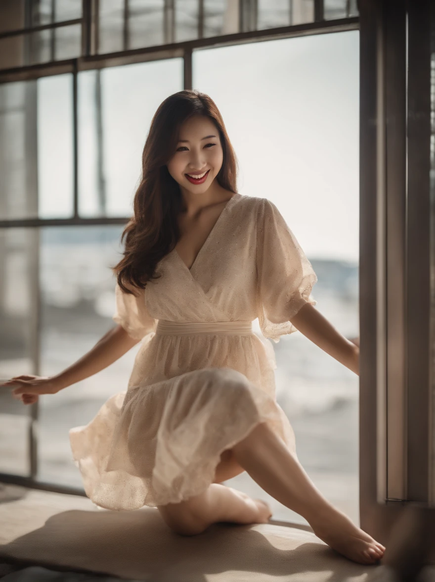 beauty legs,30-years old,japanes,a smile,Cute,Mini dress,Hold and raise the hem of the dress with both hands,Angle from below,Show underwear,