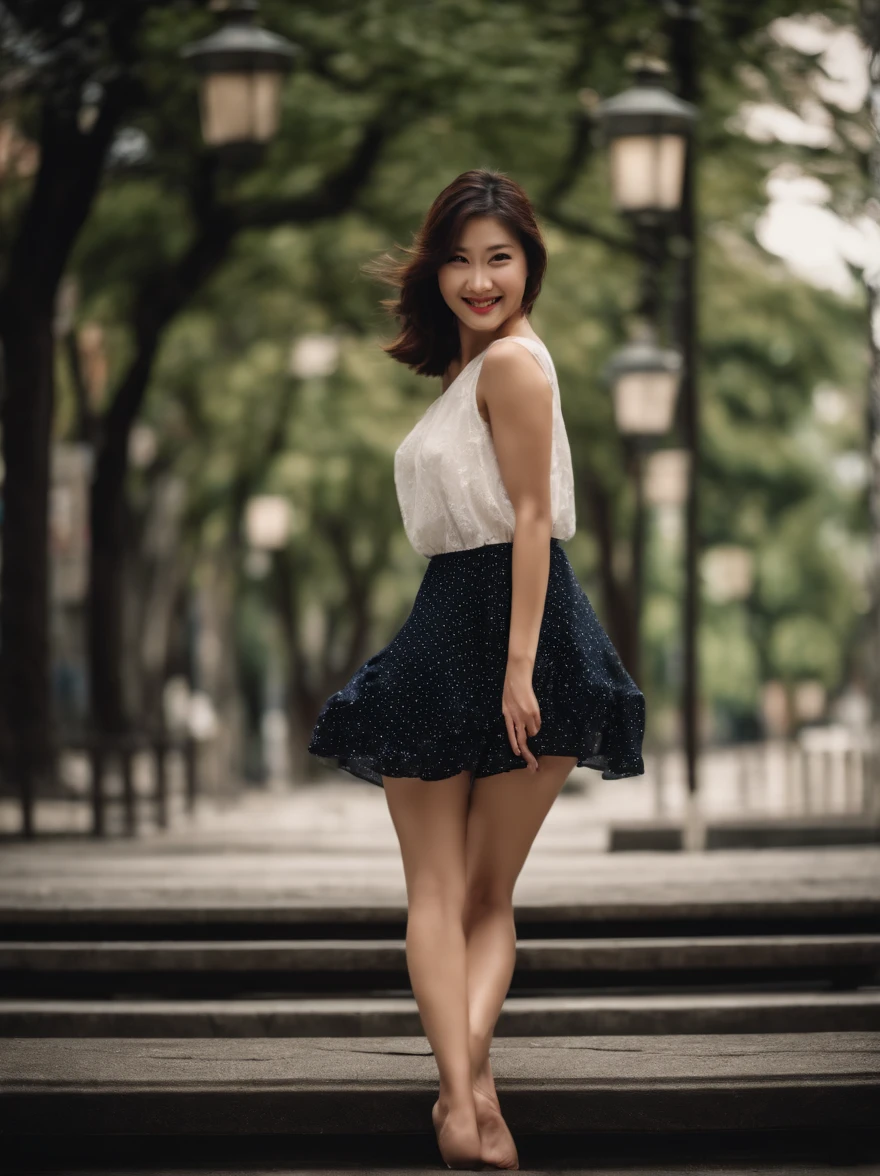 beauty legs,30-years old,japanes,a smile,Cute,Mini dress,Hold and raise the hem of the dress with both hands,Angle from below,Show underwear,
