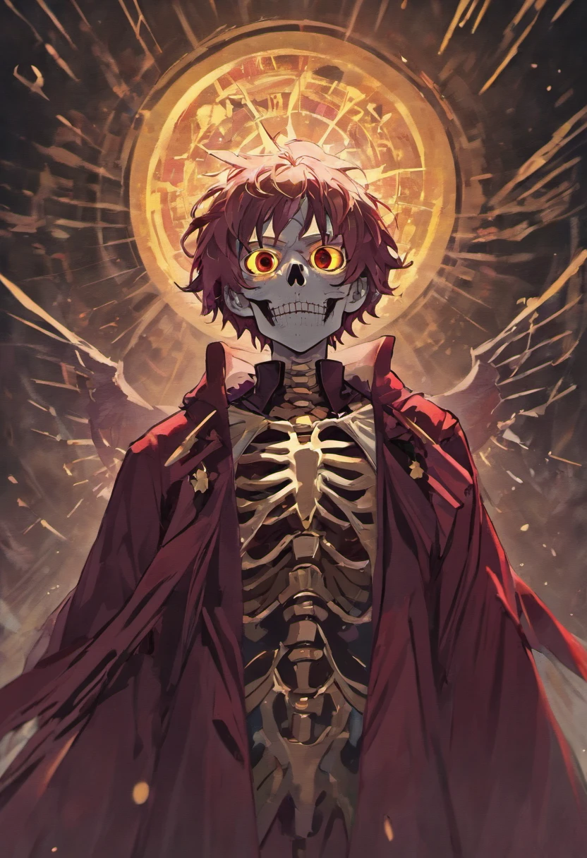 masterpiece, best quality, anime character, an undead skeleton, jet-black academic gown adorned with golden and violet edges, ((dark red orb)) under his ((ribs)), dark red glow inside his empty eye sockets, dark halo behind his head