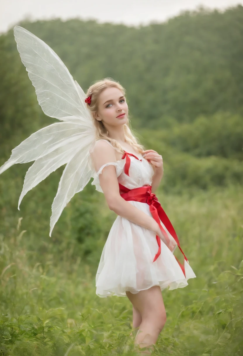 A very beautiful young fairy, about 16 years old, blonde hair tied up with a red ribbon, green eyes, rosy cheeks, big white translucent wings, red knee-length dress, green plant-made shoes, floating above the ground slightly, carrying a brown satchel made for travel, happy expression, landscape around her is green grass and a beautiful blue clear sky.