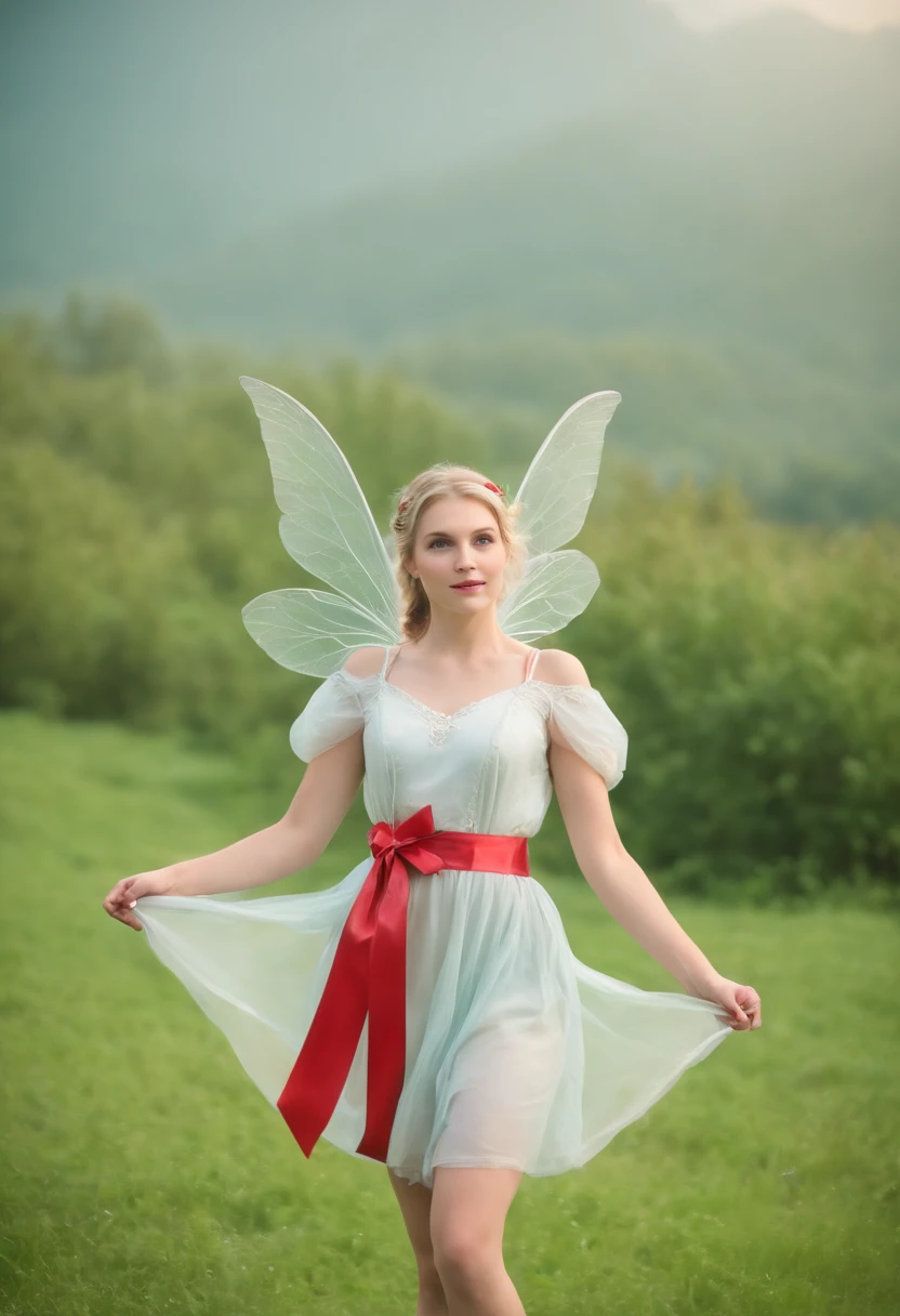 A very beautiful young fairy, about 16 years old, blonde hair tied up with a red ribbon, green eyes, rosy cheeks, big white translucent wings, red knee-length dress, green plant-made shoes, floating above the ground slightly, carrying a brown satchel made for travel, happy expression, landscape around her is green grass and a beautiful blue clear sky.
