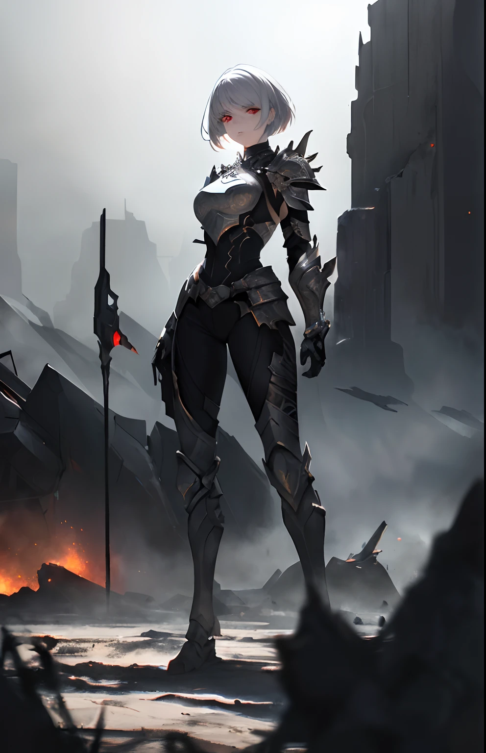 (aesthetic,highres,ultra-detailed),girl with a shining full body white armor, splashes of blood on the armor, short white hair flowing in the wind, piercing red eyes, flawless beautiful face, standing fearlessly in the midst of a chaotic battlefield. The girl exudes an air of determination and strength. The armor is intricately detailed with elaborate engravings and glowing elements. Her short hair is styled in a sleek and modern fashion, adding to her fierce appearance. Her eyes captivate with their intense red color and are filled with a mixture of determination and vulnerability. The flawless beauty of her face is accentuated by her soft features and a hint of battle scars, giving her an otherworldly allure. The backdrop of the battlefield reveals explosions and smoke, showcasing the chaos and destruction surrounding her. The landscape is filled with debris, craters, and fallen soldiers. The scene is bathed in a soft golden light, casting dramatic shadows and highlighting the details of the armor. The colors are intense and vibrant, with a contrast between the white armor and the dark, desolate environment. Each drop of blood on the armor is meticulously rendered, adding a touch of realism to the image. The overall atmosphere is a blend of strength, beauty, and darkness, creating a captivating and powerful visual.