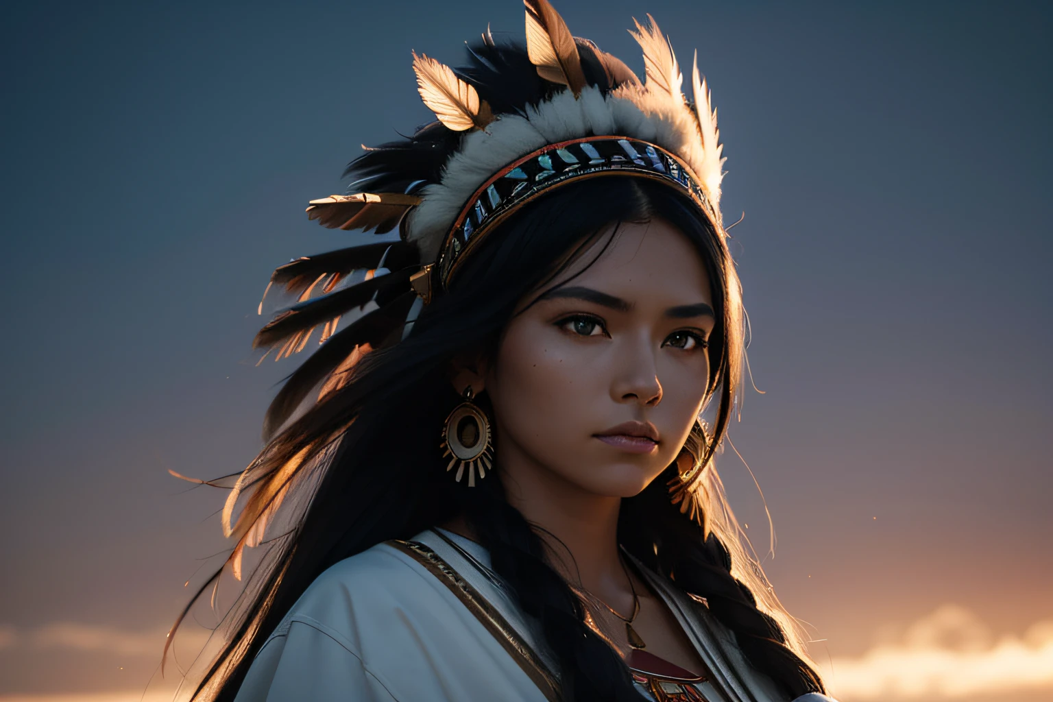 Photograph of native american woman staring at camera, Pay close attention to the detail in her eyes, young woman, attractive woman, beautiful woman, black hair, big headdress, high angle photo, golden hour light, full body shot, 200mm lens, f2. 8, 1/ 2000, very fast shutter, canon r6, Half rear Lighting, Backlight, Natural Lighting, Optical Fiber, moody Lighting, Cinematic Lighting, Soft Lighting, Volumetric, white balance 5700k, 8k px