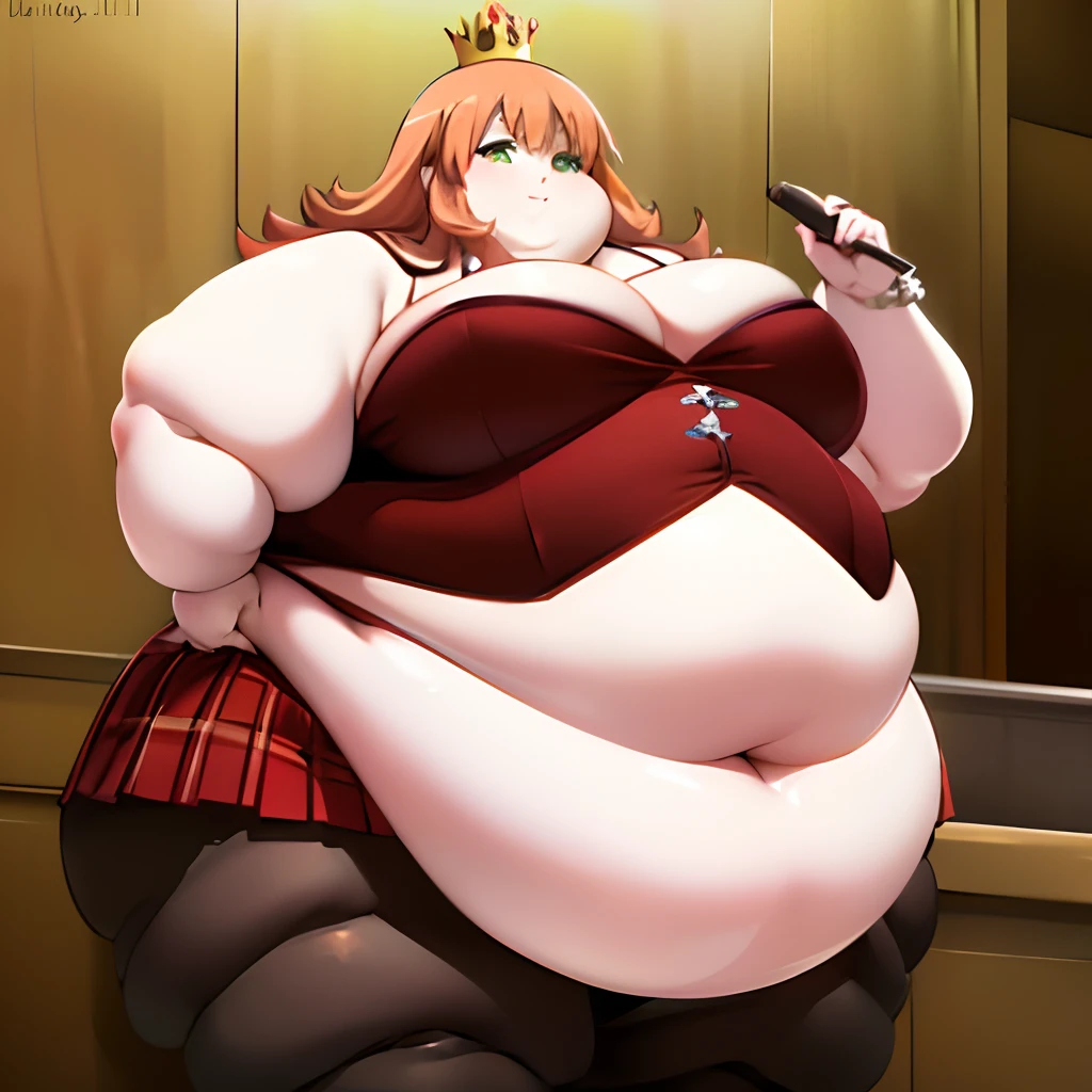 anime character with a huge belly, he has a ((jiggly fat round belly)), thicc, his belly is fat and round, ,((obese )), heavy detailed, extremely plump ,((insanely wide hips))((large thighs)),( Large Butt),(( Proportionally large arms)) ,((proportionally enormous legs)),best quality, masterpiece, solo, (( Tall ,Feminine))Male in red Dress with crown,( Red corset, Skirt trail), wearing an ornate outfit, anime princess, in a fancy elaborate dress, ((Long Orange Hair:1.4)), ((hair styled in curls:1.3)),((Green eyes)) Background(Ballroom)), expression (Smug, Smile, Sensual),pose( Hand on hips, Other hand in hair),hyper inflation