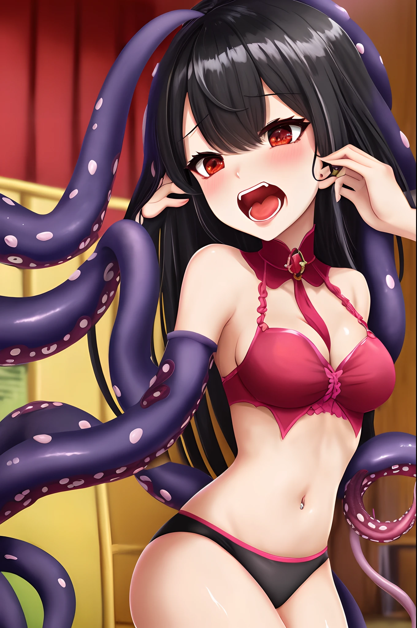 Tentacles filling black hair girls  making her scream