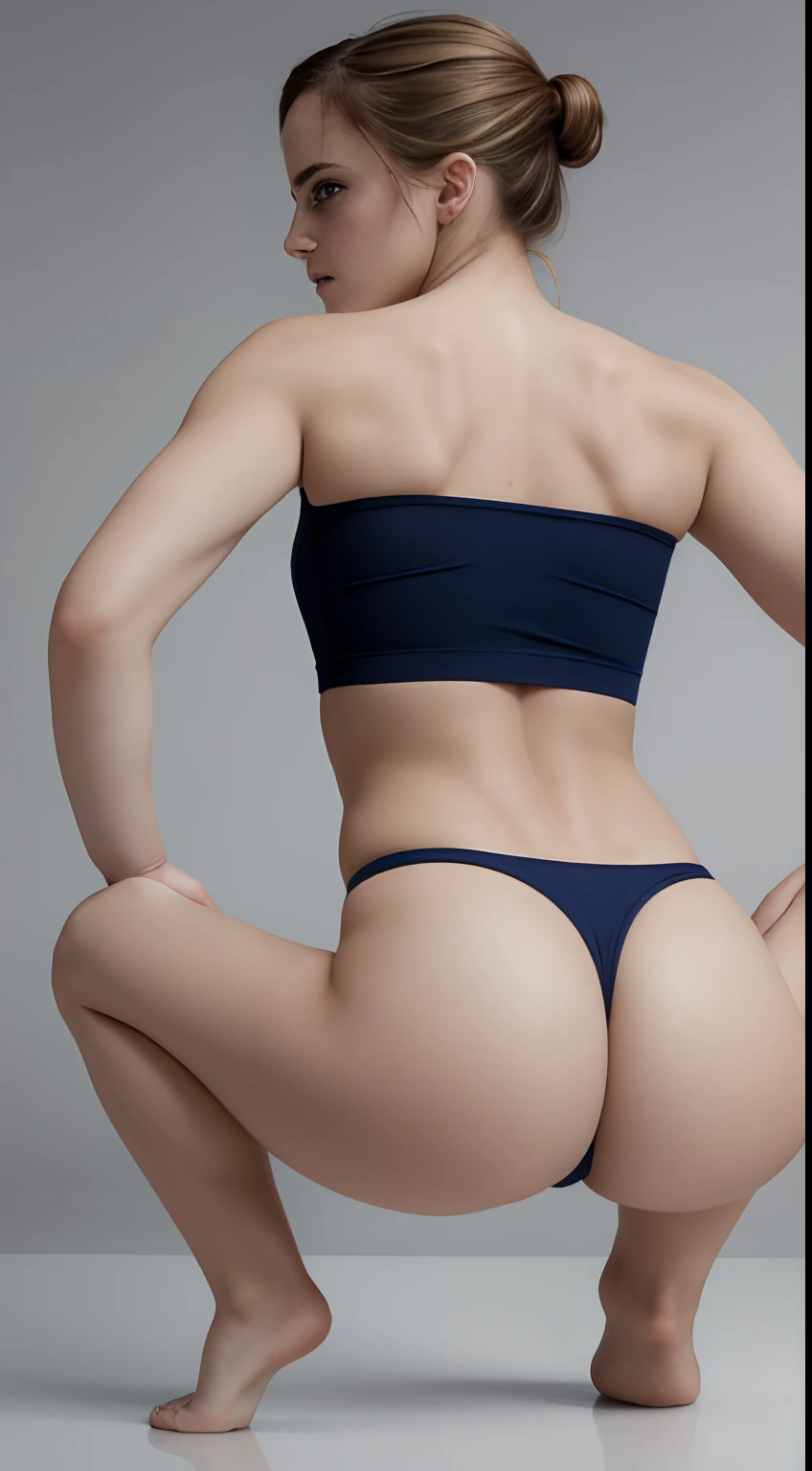 Emma Watson, best quality, masterpiece, super high res, Super model, view from behind, petite, great butt, Dynamic squatting pose, (realism: 1.8), Original Photo, a girl, no clothes, deep shadow, discreet, cool light, blonde, blue eyes
