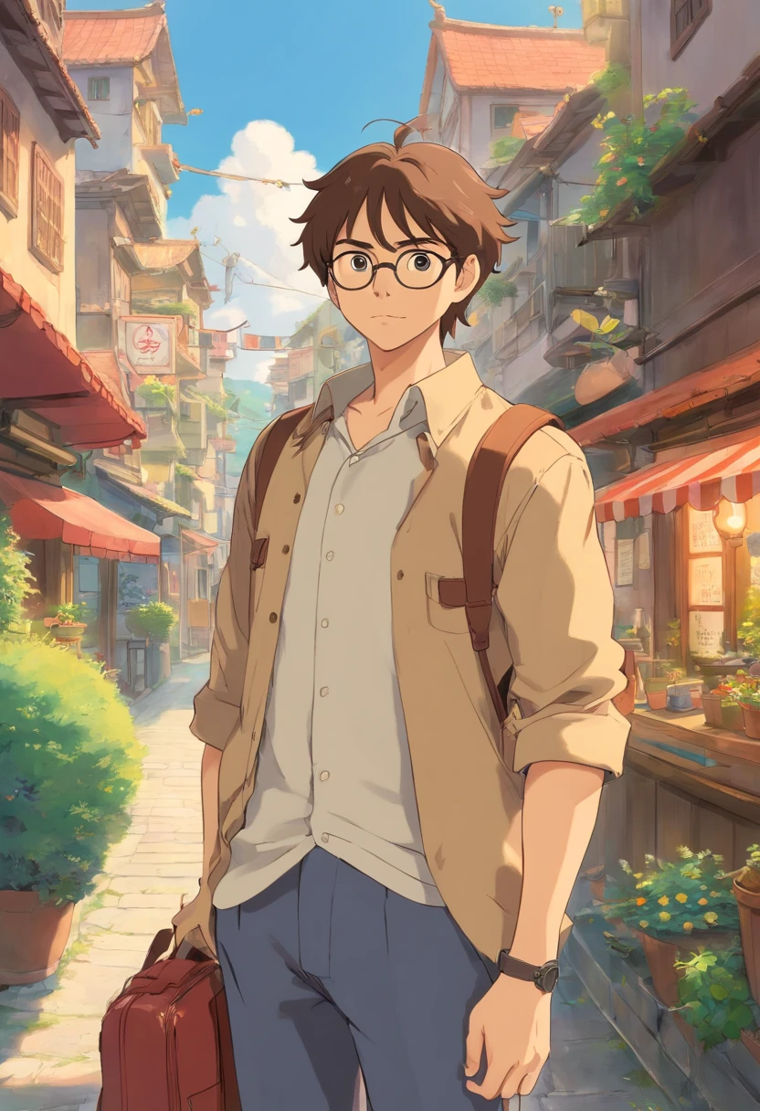 Please make a light brown skinned man 1,67 m de altura, cabelo crespo curto, um pouco musculoso, wearing prescription glasses, with a line that says: “Hunted down by the US government and betrayed by his people, a young poet must make his way in the world”.