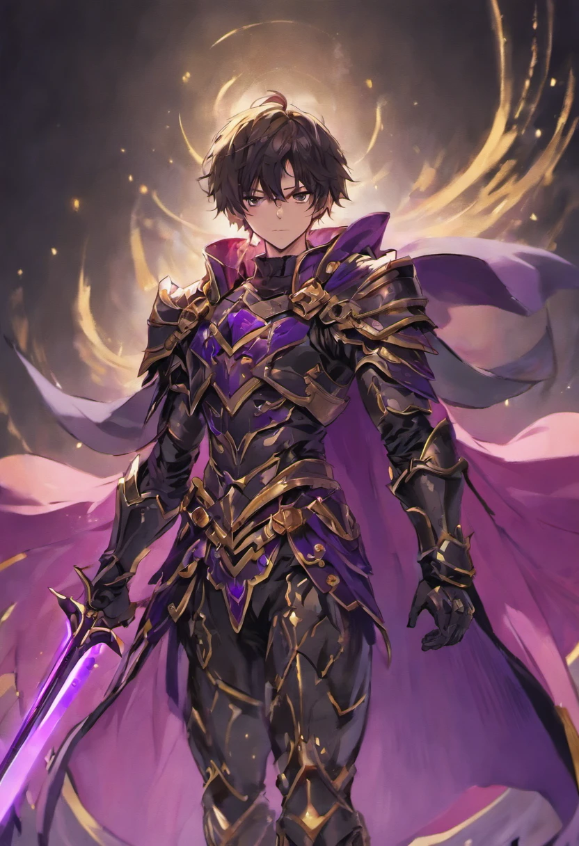 male knight, fully jet-black body armor adorned with purple and golden markings. wears a red cape, equipped with two large swords on his back