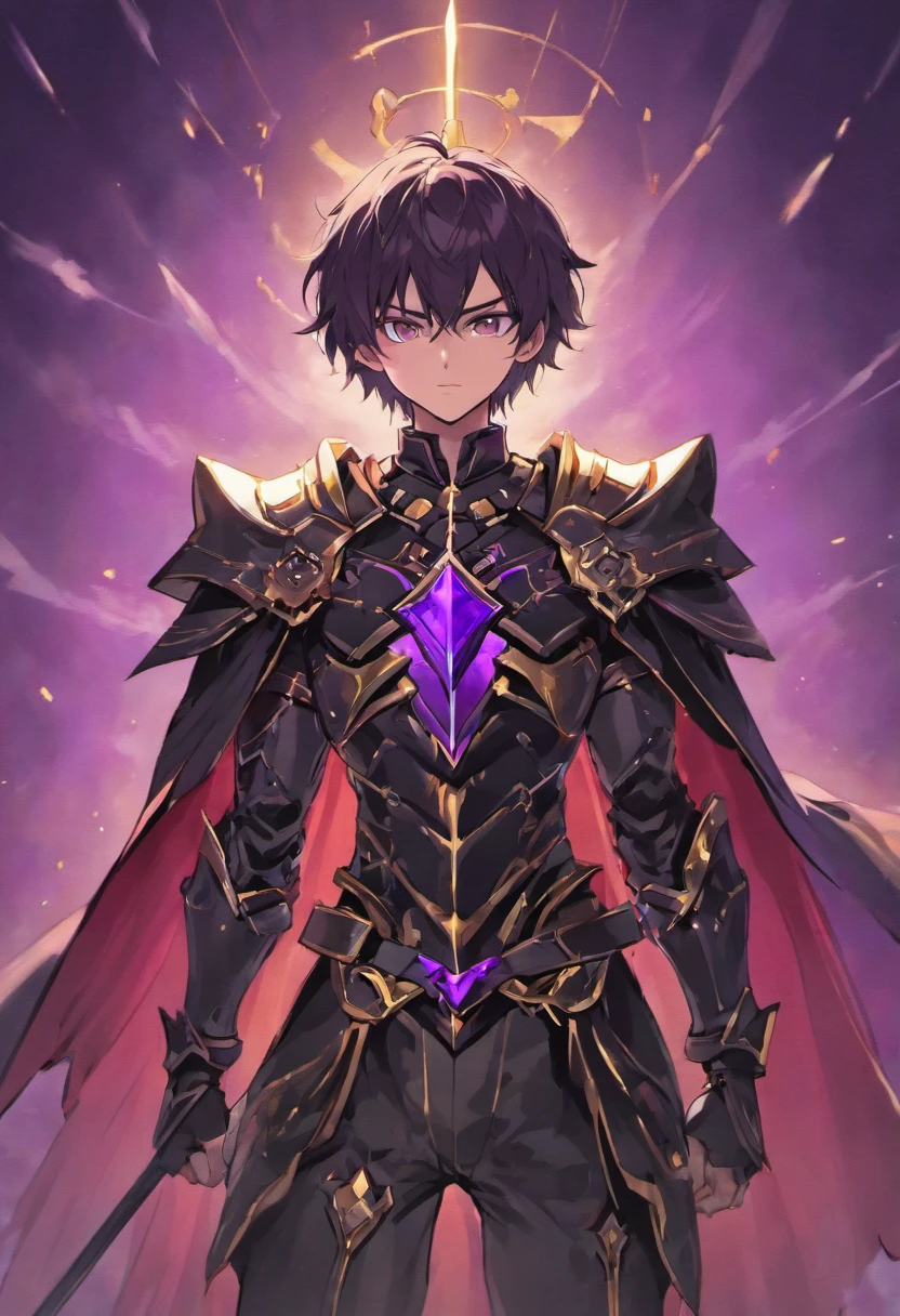 male knight, fully jet-black body armor adorned with purple and golden markings. wears a red cape, equipped with two large swords on his back
