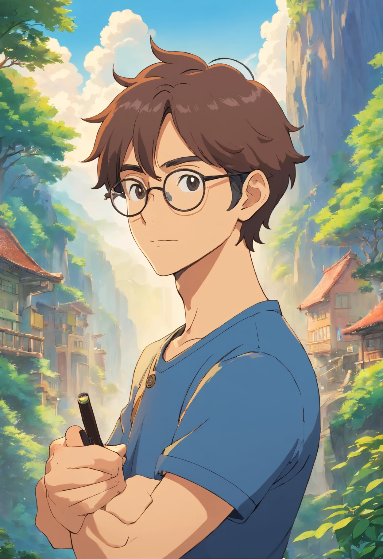 Please make a light brown skinned man 1,67 m de altura, cabelo crespo curto, um pouco musculoso, wearing prescription glasses, with a line that says: “Hunted down by the US government and betrayed by his people, a young poet must make his way in the world”.