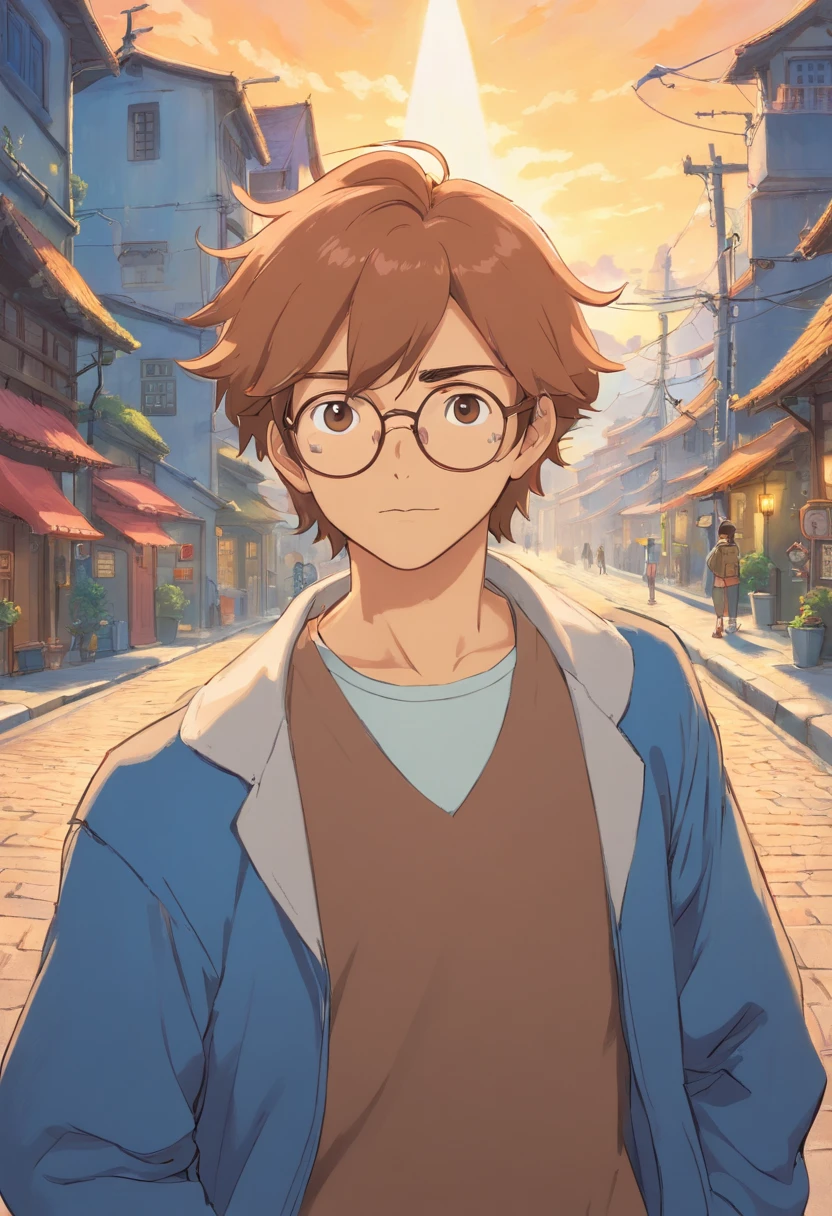 Please make a light brown skinned man 1,67 m de altura, cabelo crespo curto, um pouco musculoso, wearing prescription glasses, with a slogan that says: “Hunted down by the US government and betrayed by his people, a young poet must make his way in the world”.