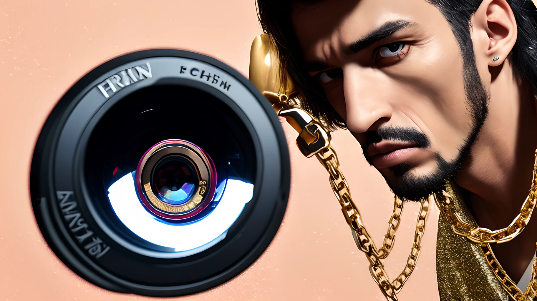 Grim reaper looking through a fish eye lens drinking lean, with a golden chain covered in diamonds on his neck and wearing a golden watch