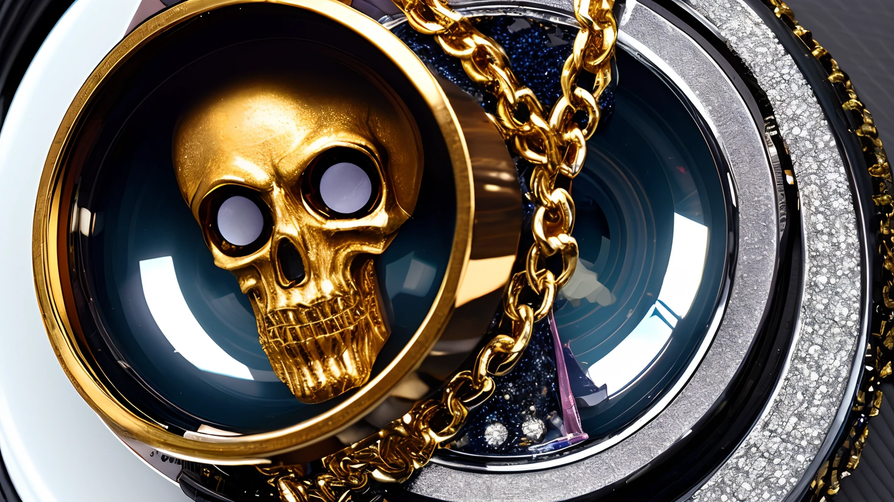 Grim reaper looking through a fish eye lens drinking lean, with a golden chain covered in diamonds on his neck and wearing a golden watch