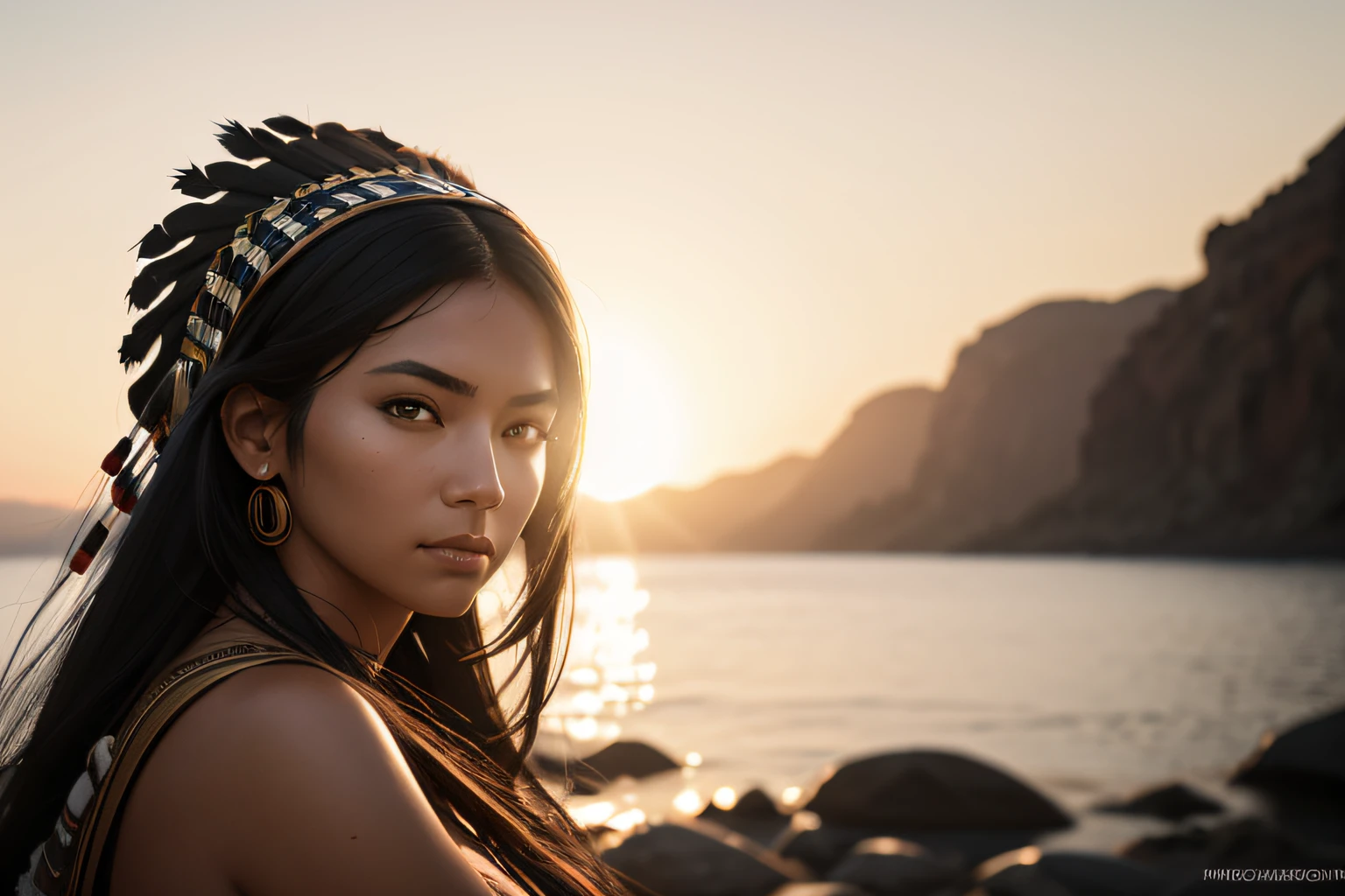 Photograph of native american woman staring at camera, Pay close attention to the detail in her eyes, young woman, attractive woman, beautiful woman, black hair, big headdress, high angle photo, golden hour light, full body shot, 200mm lens, f2. 8, 1/ 2000, very fast shutter, canon r6, Half rear Lighting, Backlight, Natural Lighting, Optical Fiber, moody Lighting, Cinematic Lighting, Soft Lighting, Volumetric, white balance 5700k, 8k px